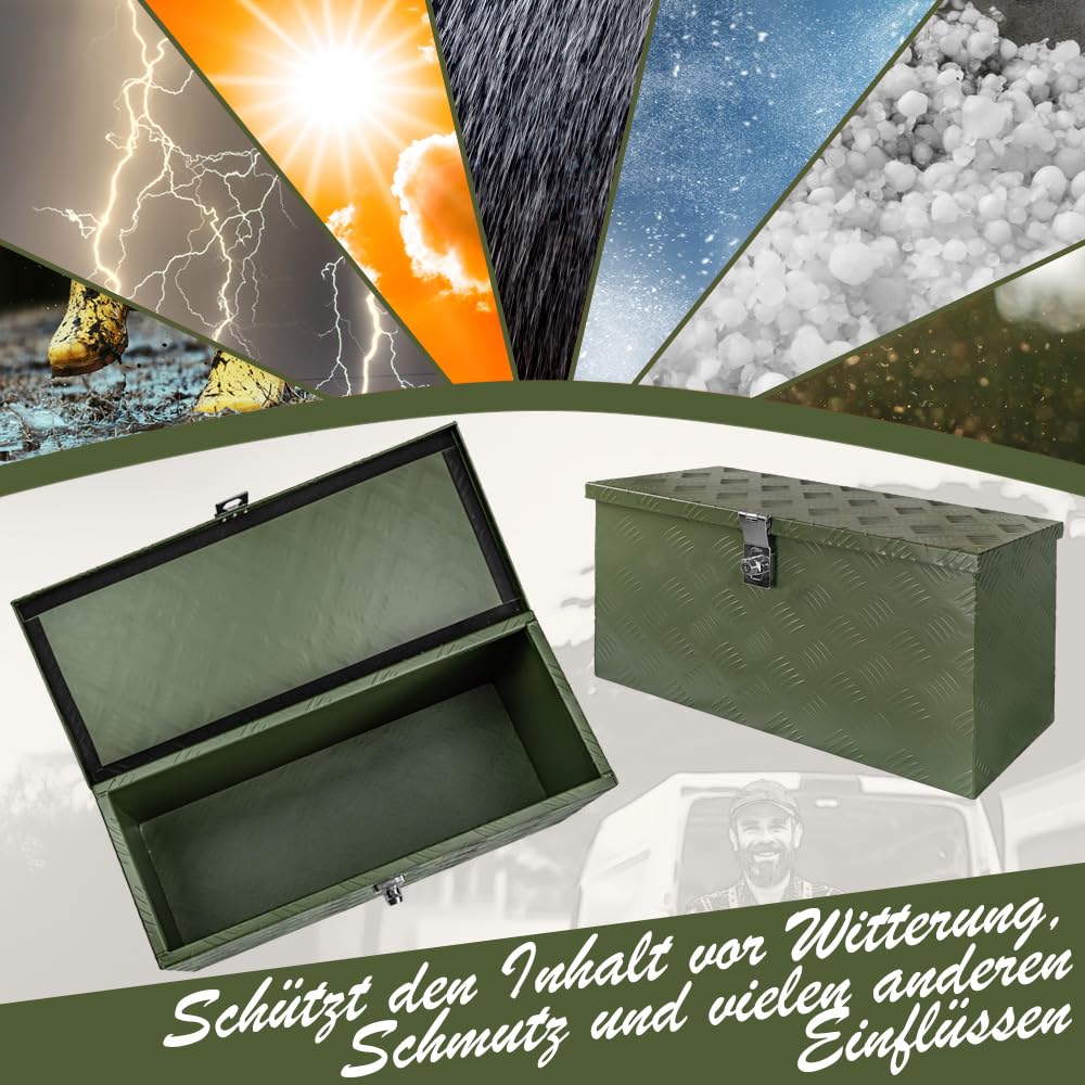 Trucky Caja de herramientas verde para barras de remolque, caja de aluminio, con tapa, con cerradura, caja de aluminio, caja de transporte, caja de herramientas, caja de aluminio