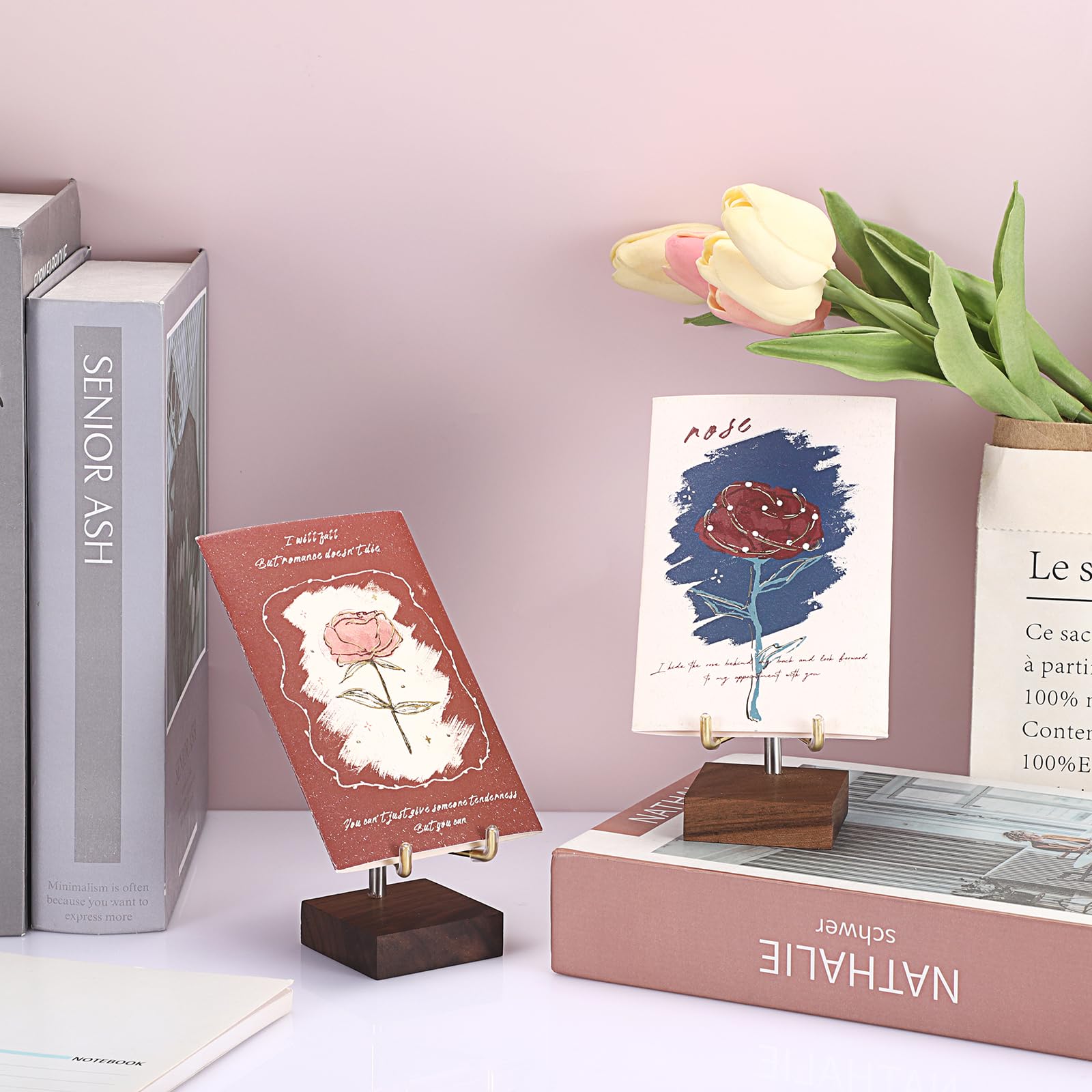 Hipiwe 2Pcs Small Display Stand Adjustable Metal Arms and Wooden Base - Decorative Plates Display Stand Easel Holder for Crystal Fossil Slice Coral Geodes Rock Mineral Agate, 2