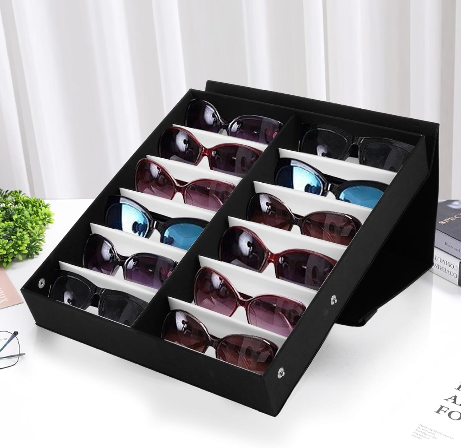 QTLCOHD 12 Slot Sunglasses Organizer Box Stand Display Case with Lid for Eyeglasses Storage (Black, 14.6 x 12.6 x 2.4 Inch)