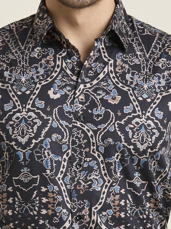 Image of MARK & ALBERT Men's Printed Full Sleeves Regular Fit Shirt Blue | 100% Cotton Stretchable Fabric