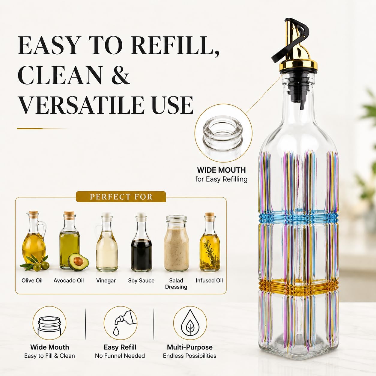 Striped Embossed Glass Olive Oil Dispenser Bottle with Premium Stainless Steel Pourer - Decorative Vintage Oil and Vinegar Cruet for Kitchen Countertop & Dining Table, Leak-Proof