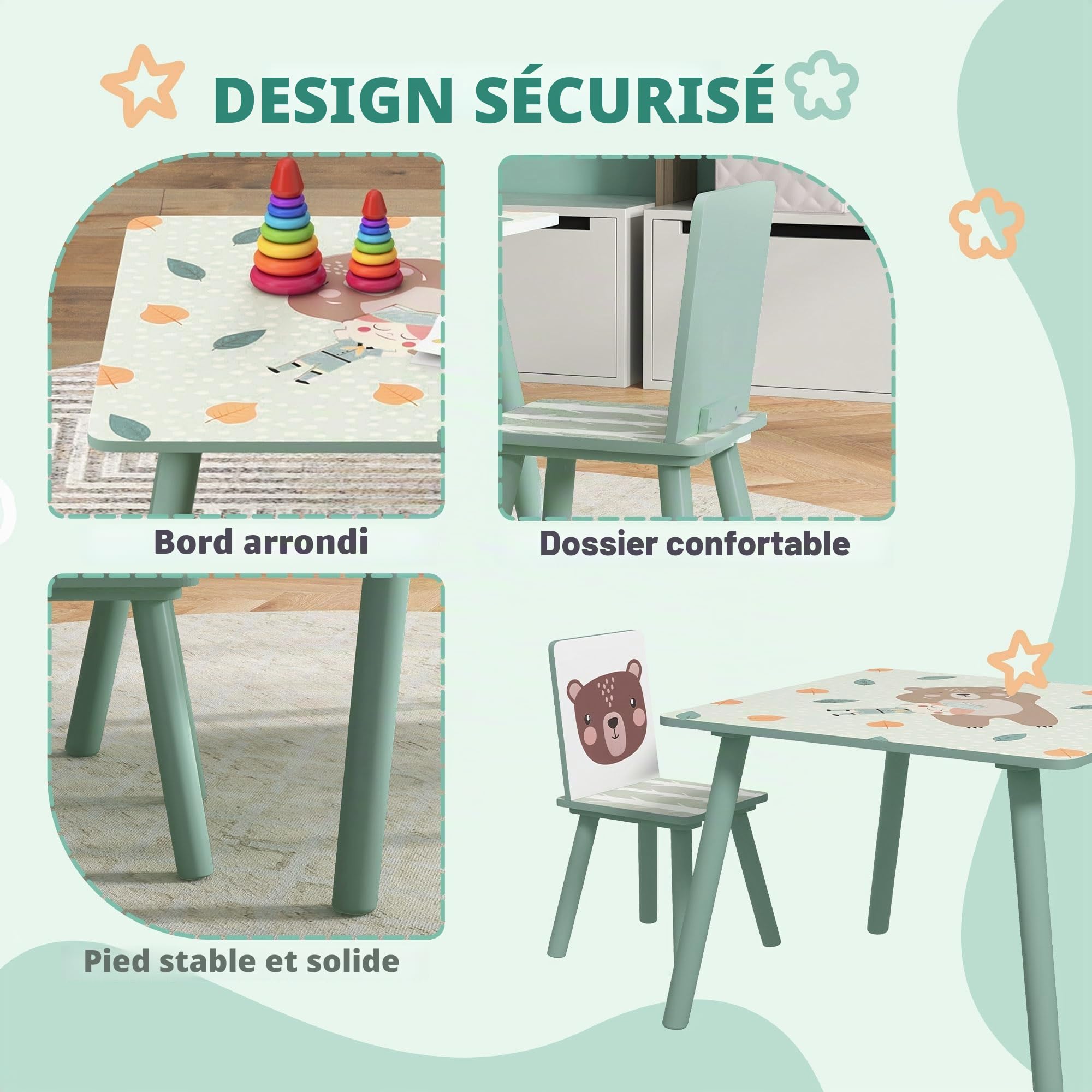ZONEKIZ Table Enfant 2 chaises 3 pièces Motif Animal 3-8 Ans Vert