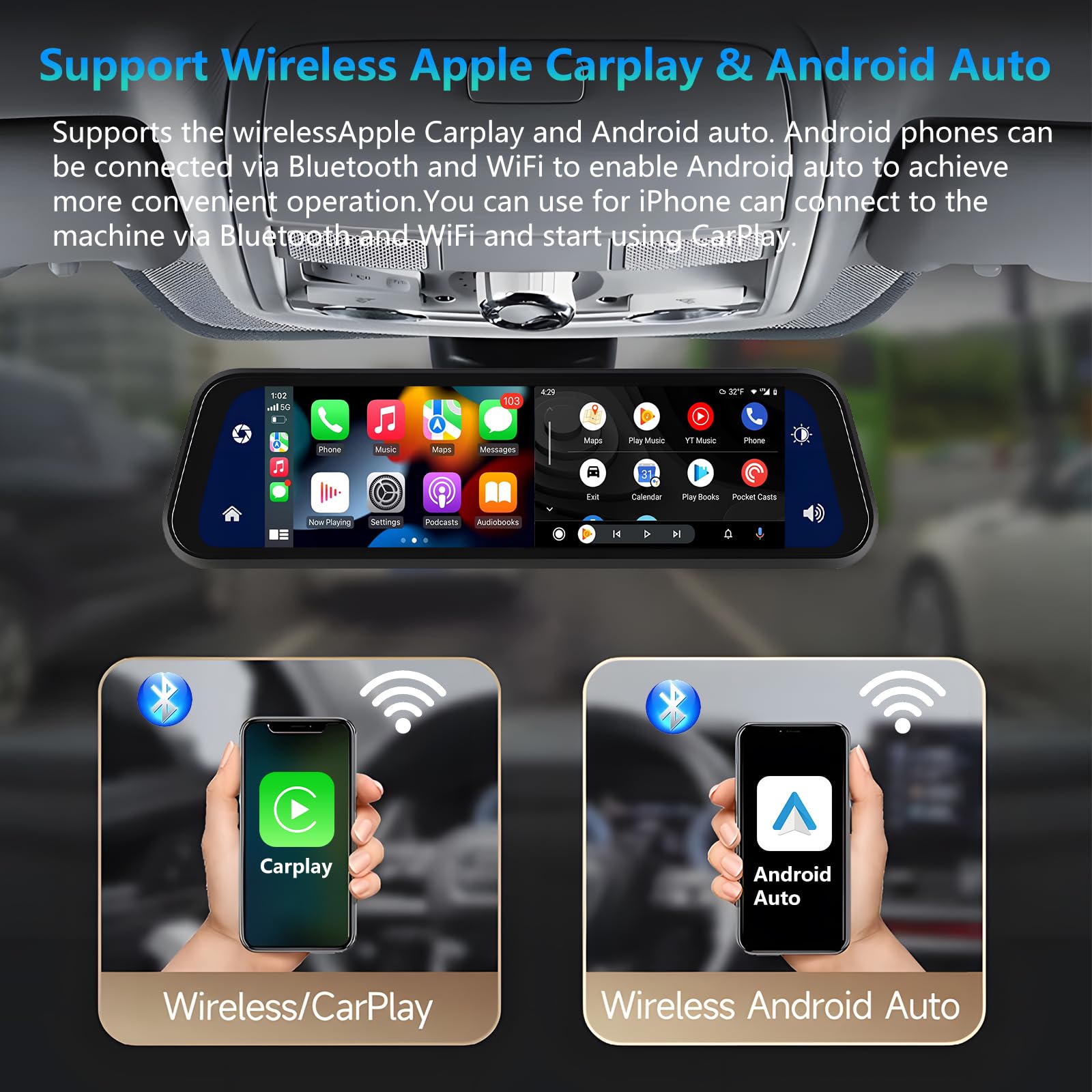 Podofo Specchietto Retrovisore Dash Cam 9.66" IPS Touch Screen Con Wireless Carplay, Android Auto, Dual 1080P Dashcam, 2 Schermi Divisi