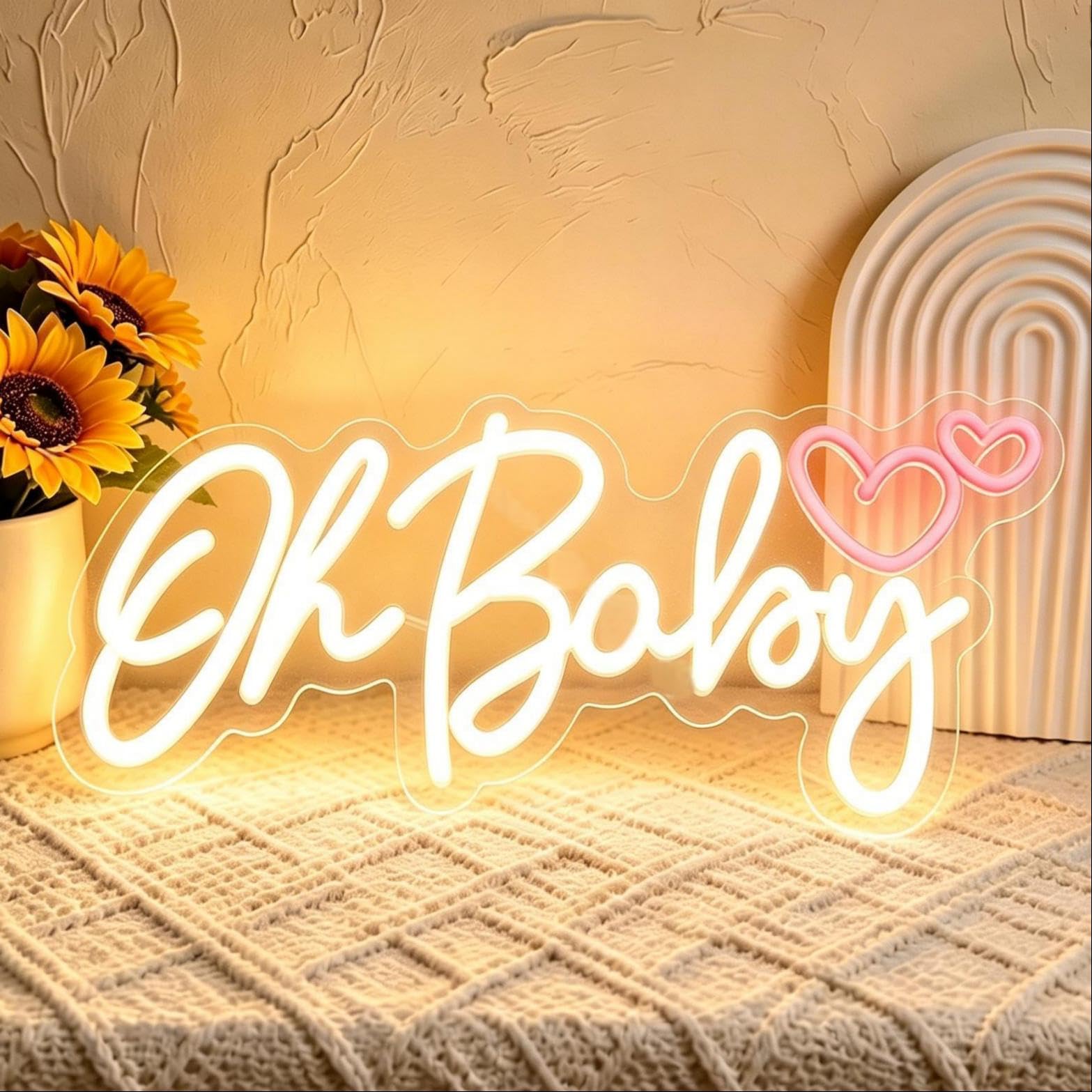 Oh Baby LED Neon Sign with Heart, USB Powered Dimmable Decorative Neon Light for Home Bedroom Living Room Baby Shower Party Gift Wall Table Decor 16.9 x 8.3 In
