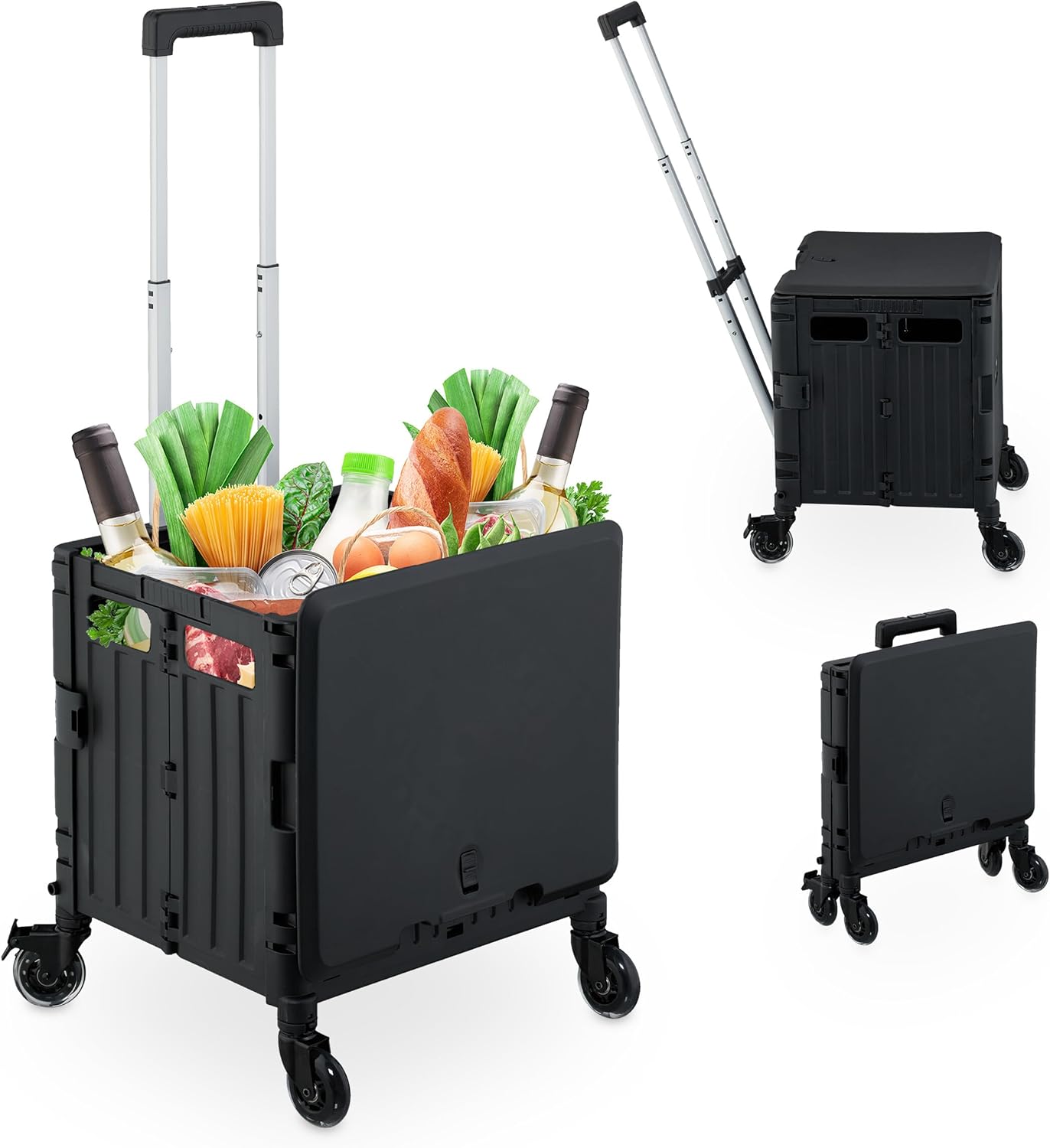 Relaxdays Carrello Spesa Pieghevole con Manico Telescopico da 35 kg e Coperchio, Ferro Nero