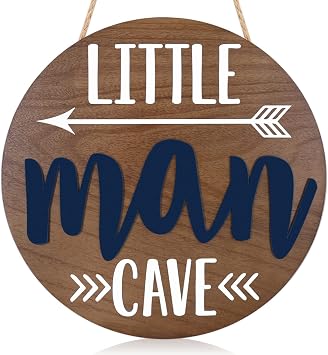 Little Man Cave Wooden Round Door Sign for Little Boy Nursery Room Wall Art Natural Wood Baby Toddler Kids Bedroom Living Room Hanging Rustic Farmhouse Decor -Blue