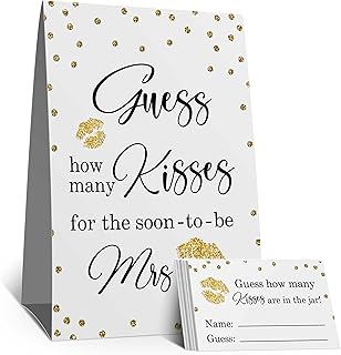 Bridal Shower Game Sign and Cards, Golden Watercolor kisses Bridal Shower Party,How Many Kisses for the Soon to be Mrs,Golden Wedding Engagement Decorations(1 Sign+50 Cards)