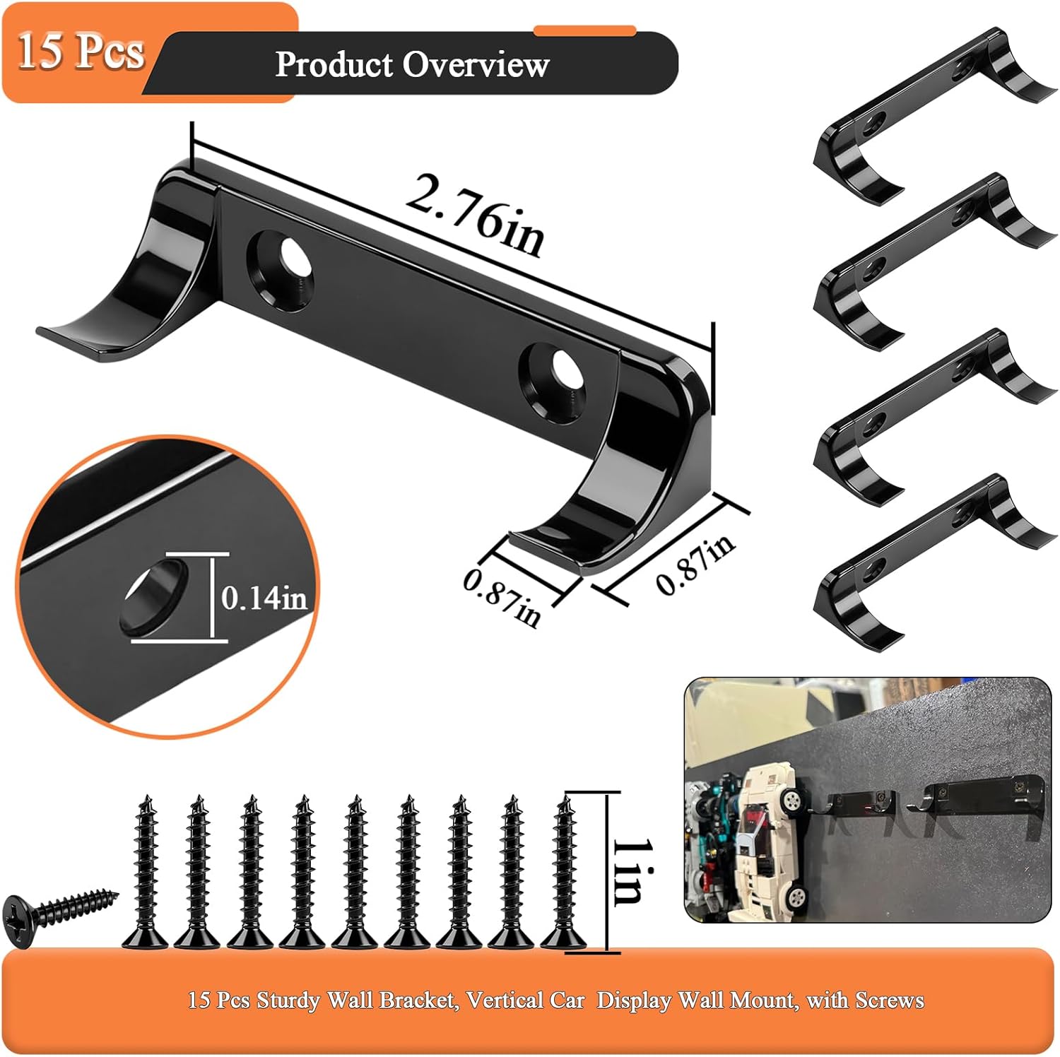 15 Pcs Sturdy Wall Bracket, Vertical Car Display Wall Mount, with 30 Pcs Screws, Compatible with Lego Speed Champion Series Brick Car Models, Display Collectible Cars Vertical by Wheels on Wall, Black