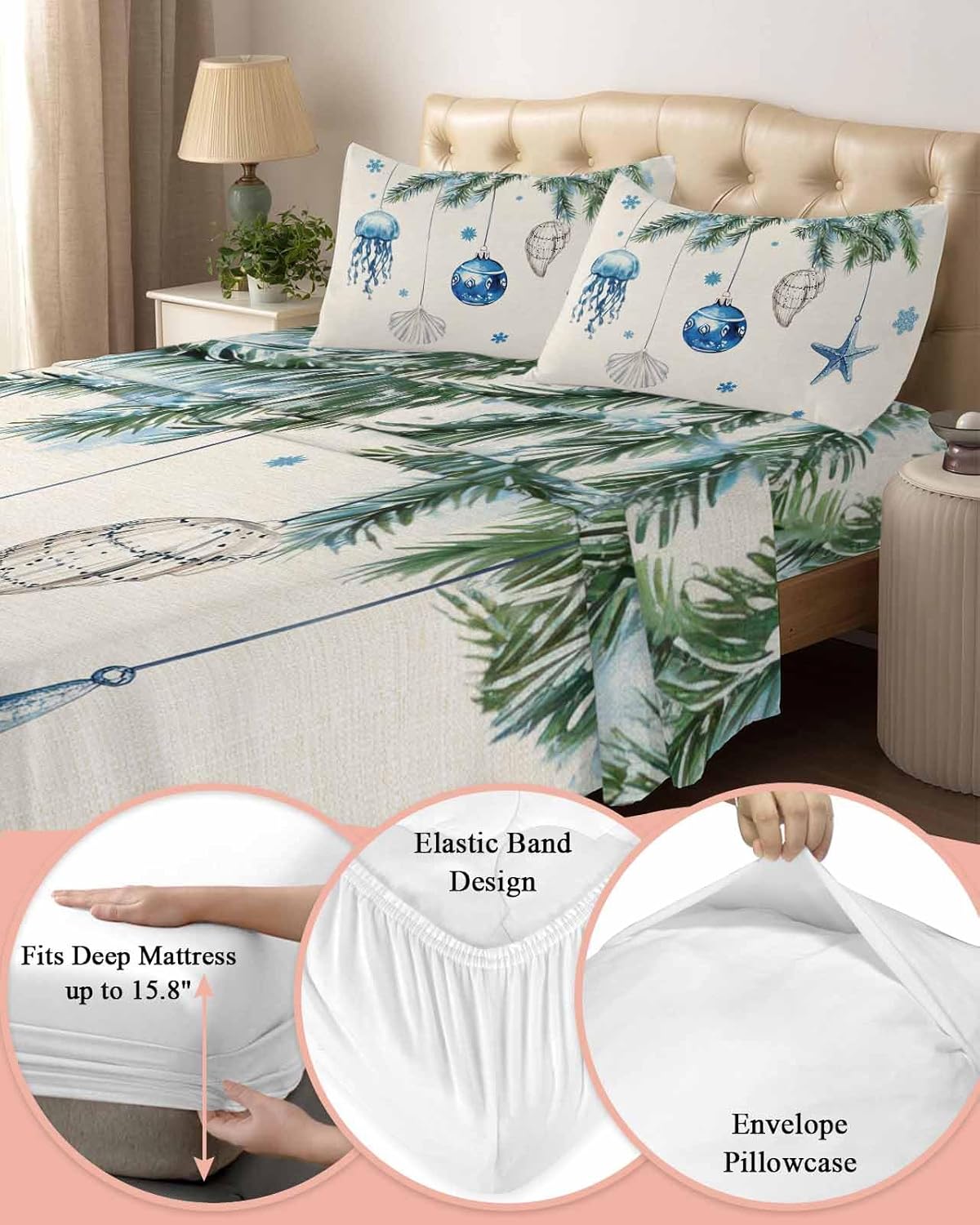 King Sheets Set - Beige Christmas Coastal Hotel Luxury Bed Sheets for King Bed, Xmas Shell Starfish Pine Snow 4 Pieces Bedding Sets 1 Flat Sheet and 1 Fitted Sheet with Deep Pocket, 2 Pillowcases
