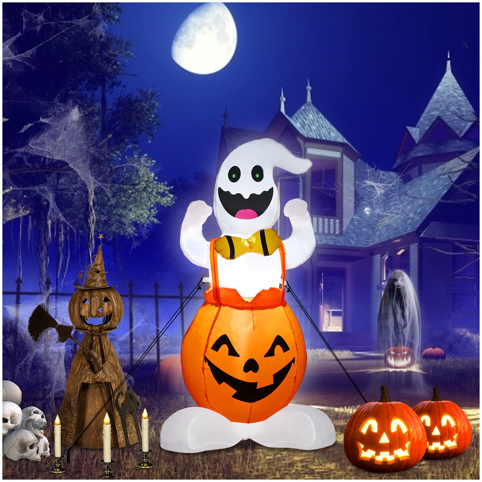 4Ft High Halloween Inflatables Pumpkin Ghost Decorations with Led Light Halloween Indoor Outdoor Garden Decoration