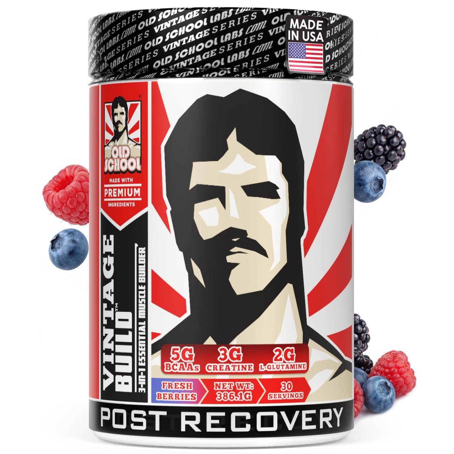 Old School Labs Vintage Build Post-Workout Recovery Powder Drink with BCAAs, Creatine & L-Glutamine to Support Muscle Recovery & Strength for Men & Women – Fresh Berries, 30 Servings