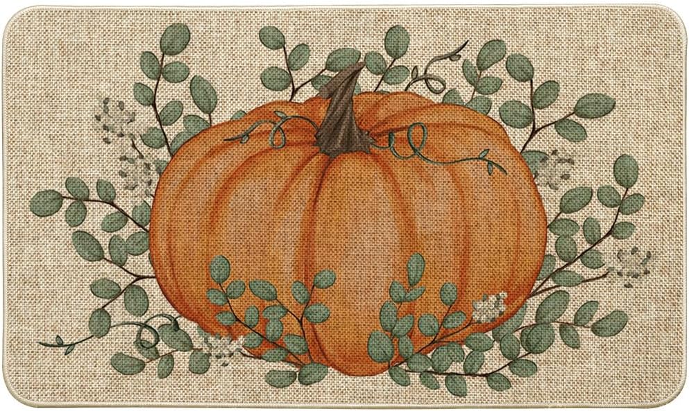 Artoid Mode Orange Pumpkin Eucalyptus Fall Doormat, Autumn Home Decor Low-Profile Switch Rug Door Mat Floor Mat for Indoor Outdoor 24x35 Inch