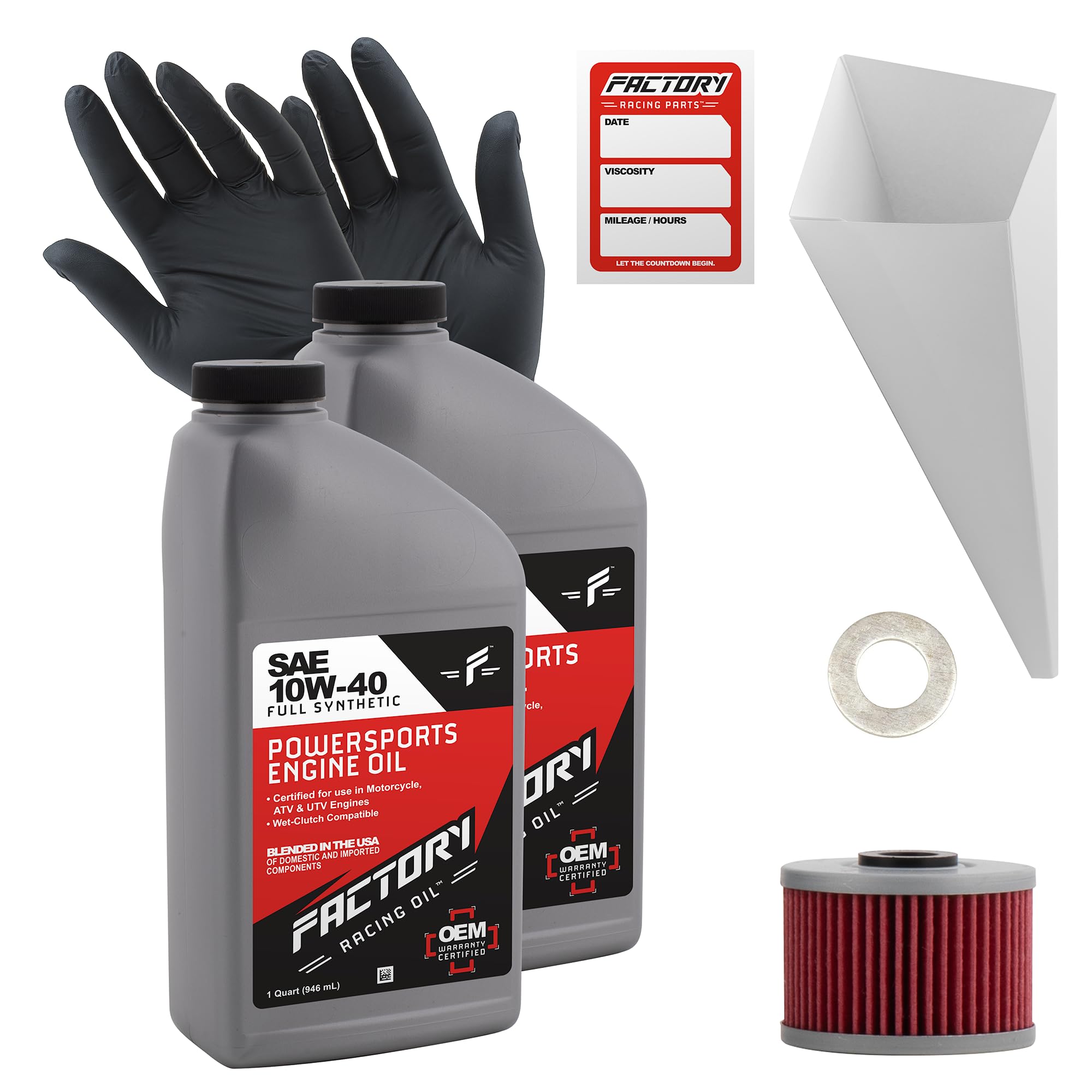 Factory Racing Parts Oil Change Kit compatible with Kawasaki KLX110 KLX140 – Includes 2 Quarts of SAE 10W-40 Full Synthetic Oil, 1 Filter, 1 Crush Washer, 1 Funnel, 1 Oil Change Reminder Sticker