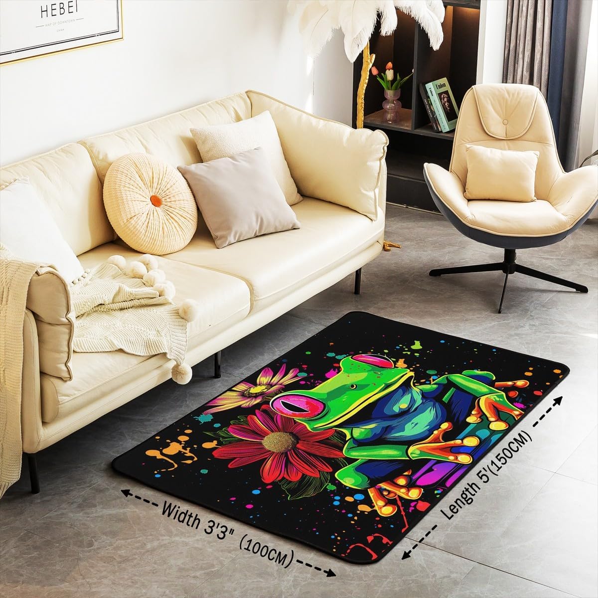 Erosebridal Tie Dye Frog Carpet Rainbow Graffiti Style Rug 3x5 Chic Floral Area Rug for Teens Kids Boys Girls Jungle Cartoon Animal Decorative Accent Rug Non Shedding, Black