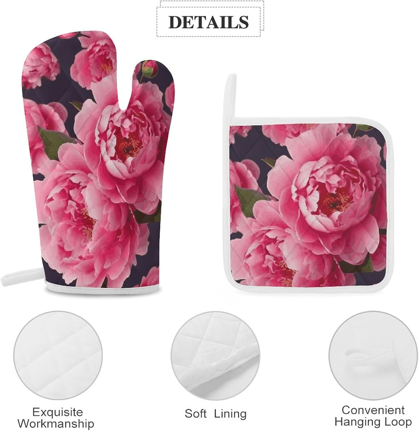 Oven Mitts Pot Holders Kitchen Peony Flowers Heat Resistant Oven Glove for Baking and Cooking
