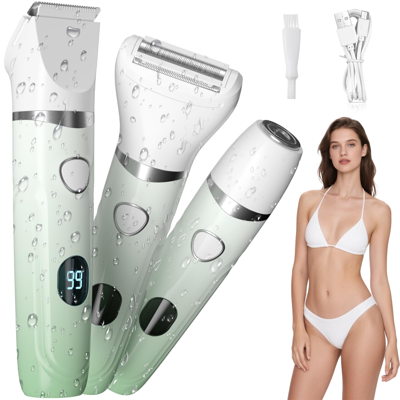 3-in-1 Bikini Trimmer for Women – Electric Razor for Women, Electric Body Hair Trimmer, IPX7 Waterproof, 120-Min Cordless, USB-C, Battery% Display – X3 Soft Mint Ombre