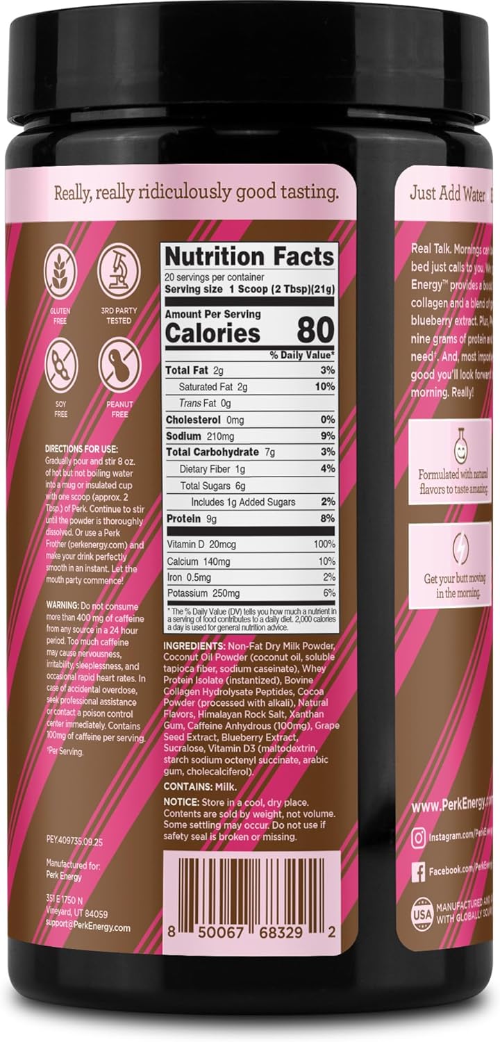 Perk Energy Drink Mix (Mint Chocolate Truffle) 20 Servings - Caffeinated Healthy Coffee Alternative with Protein, 100mg of Caffeine, Gluten-Free, Soy-Free, Peanut-Free