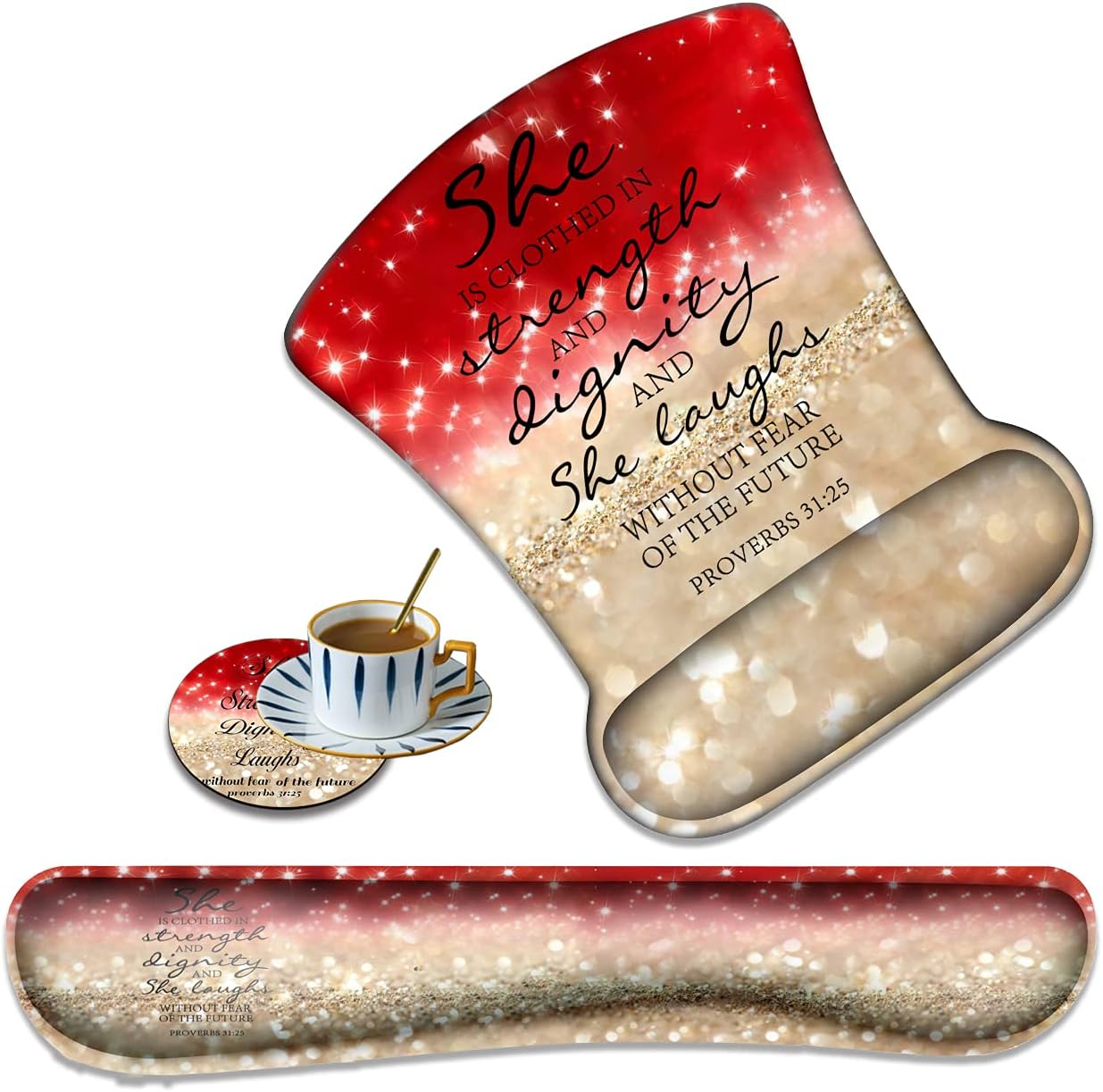XMTMR Glass Ergonomically Upgraded Keyboard Wrist Rest and Comfortable Wrist Rest Gel Mouse Pad Set, Non-Slip Rubber Base and Cute Coaster, for Work, Game Home, Red Glitter Bible Verse Proverbs 31-25