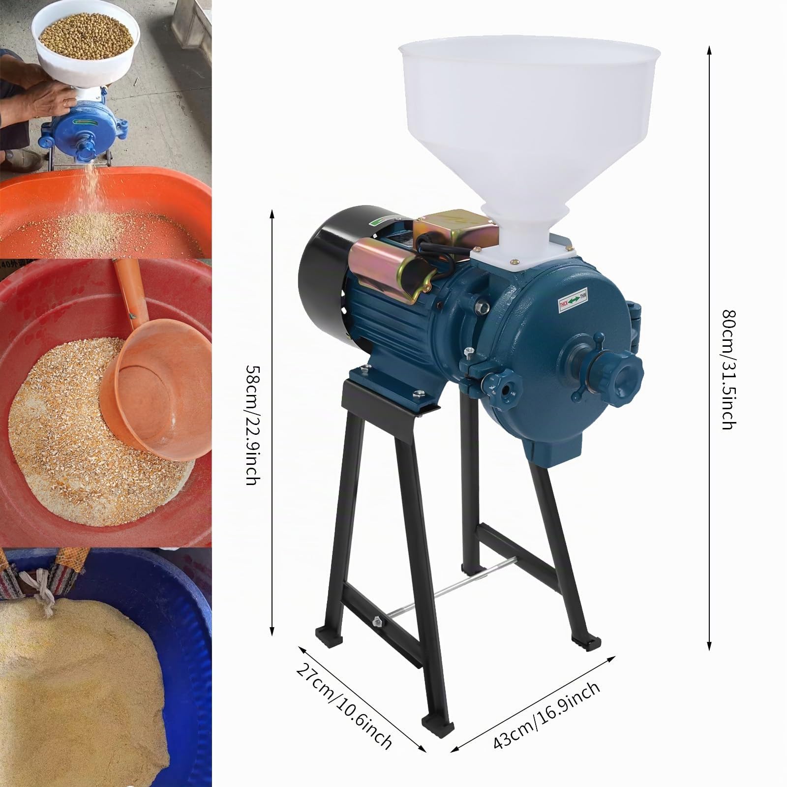 Mulino Elettrico Grano,Macina a Secco con Imbuto,Macinino Trituratore Smerigliatrice per cereali Commerciale Meccanico Elettrica può Riso Soia Sorgo e Mais 50-75kg/h(Blu)