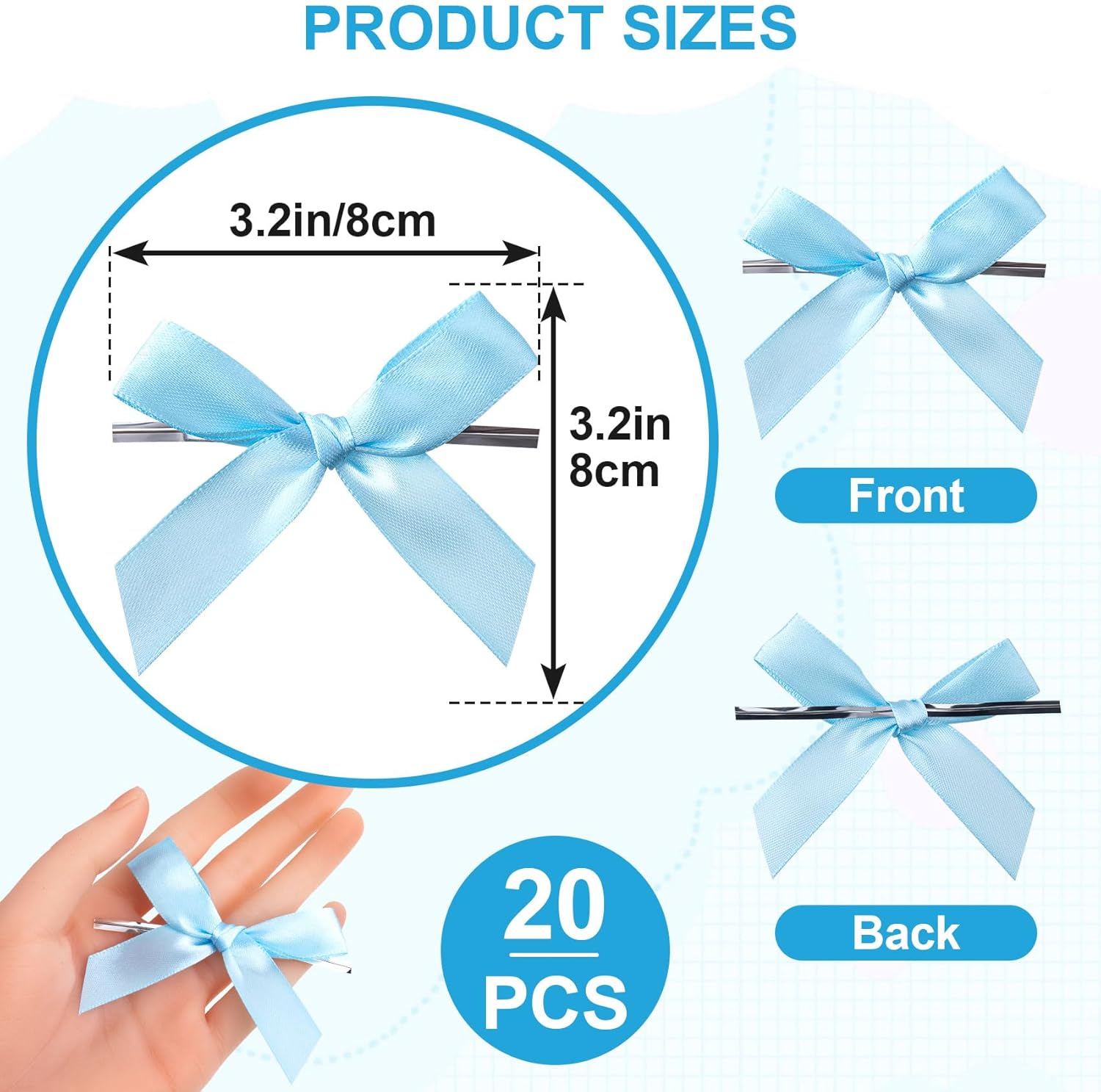 20pcs Twist Tie Bows, Satin Ribbon Premade Bows, Gift Wrapping Bowknot for Christmas Wedding Baby Shower Brithday Party Treat Bags Present Bags Bakery Candy Bags Decorations- Light Blue - Image 2