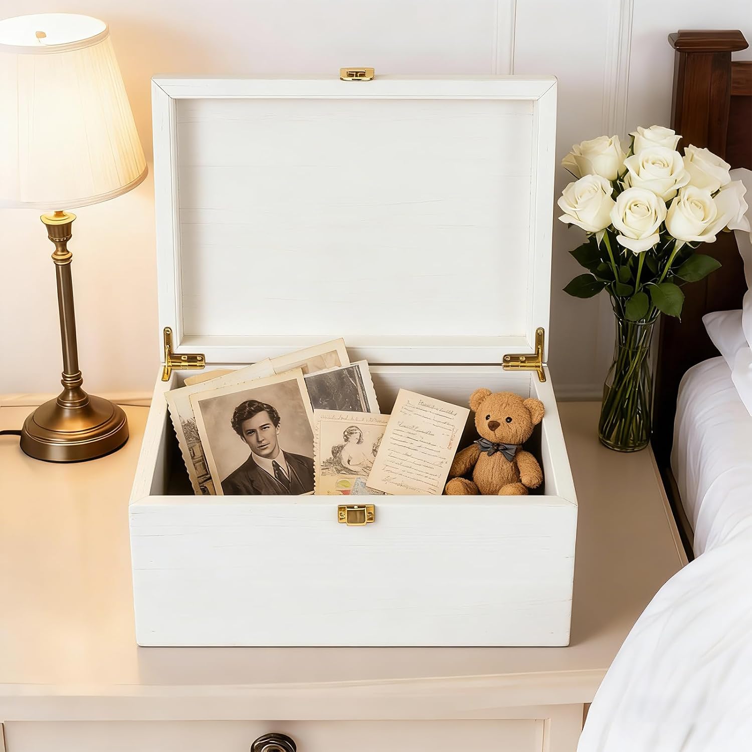 Larger Wooden Memory Wedding Keepsake Boxes With Hinged Lids - Decorative Storage Box With a Hinge Lids For Letter Time Capsule - Wooden Gift Boxes，5.3“*8.6”*11.7“ - White
