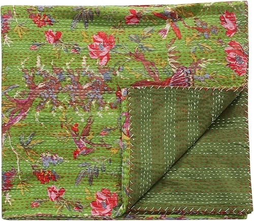 Sophia-Art India Ikat Print Kantha Quilt Throw Home Decor Bedding Bedspread Gudri Indian Kantha Quilt Yellow Kantha Blanket, Bed Decorative Cotton Raill 90X108 Inch. #TOP1