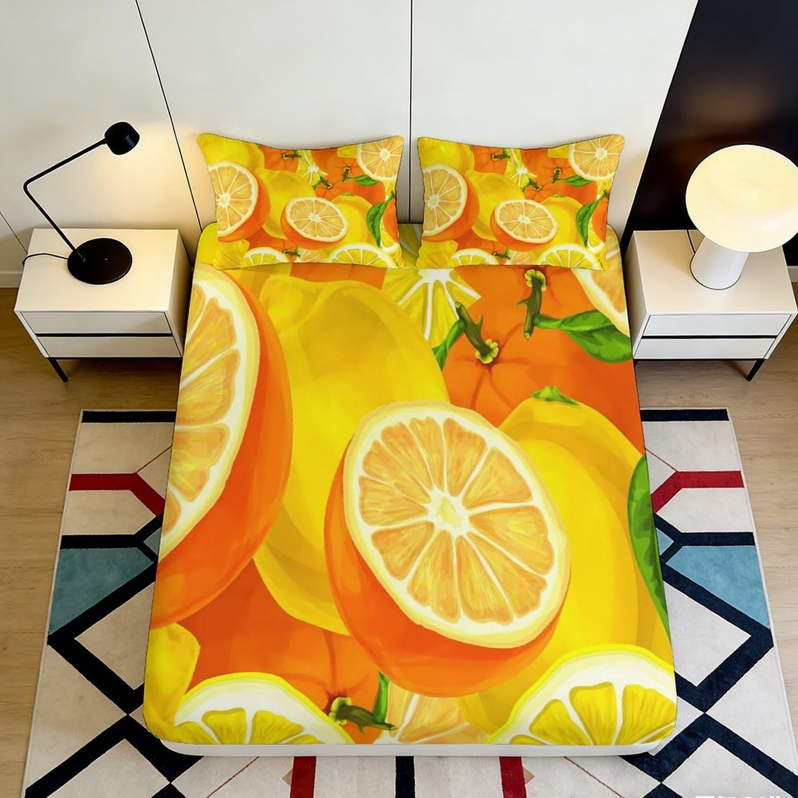 3D Printed Citrus Fruit Fitted Sheet Microfiber Soft Durable Orange Lemon Mattress Cover for Bedroom Dorm Dormitory Guest Room Easy Care Protection 160x200x25cm