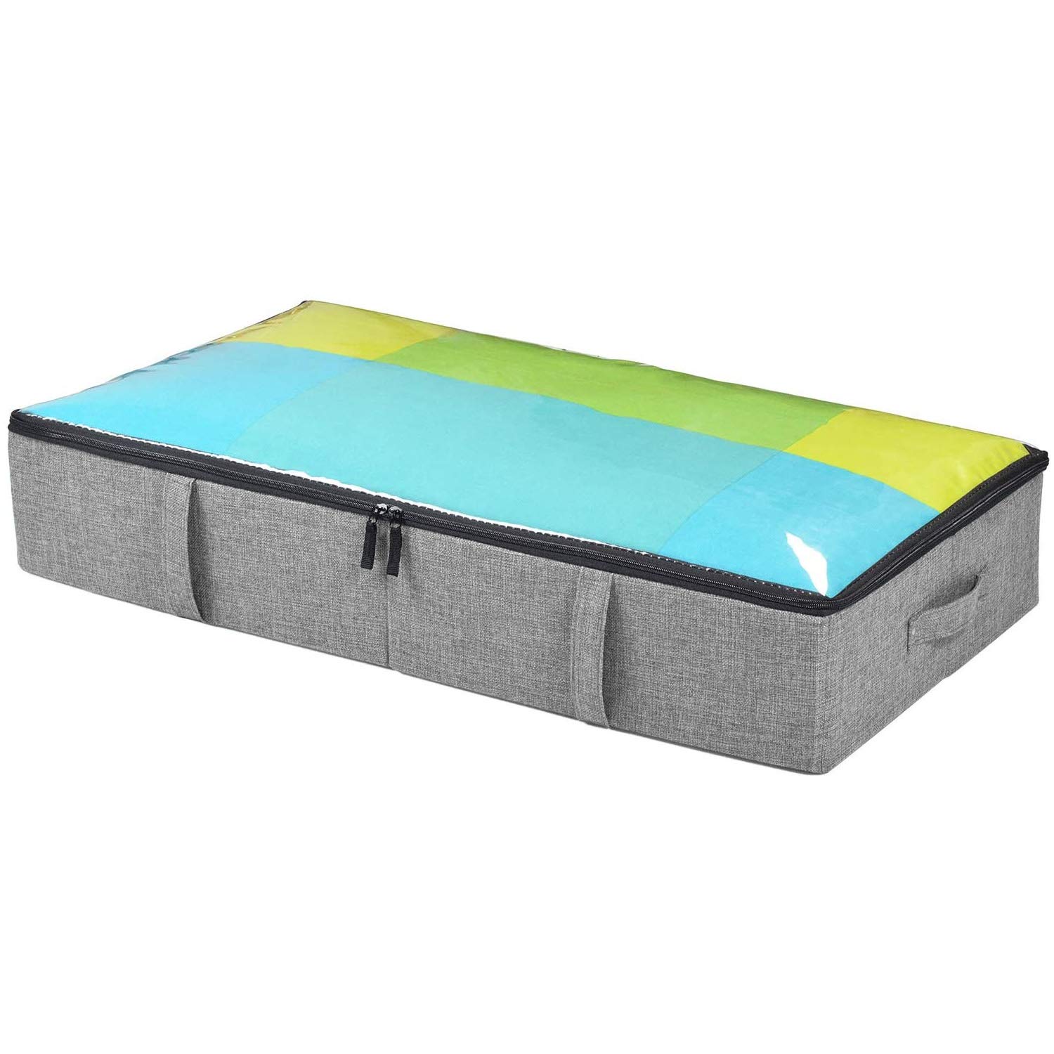 DOUBLE R BAGS PRO Fabric Under Bed Storage Container, Underbed Shoe Storage Organizer Box with Lid, Blankets, Cloth Storage Bins (Clear Top Grey), 32 x 5 x 16.5 inch