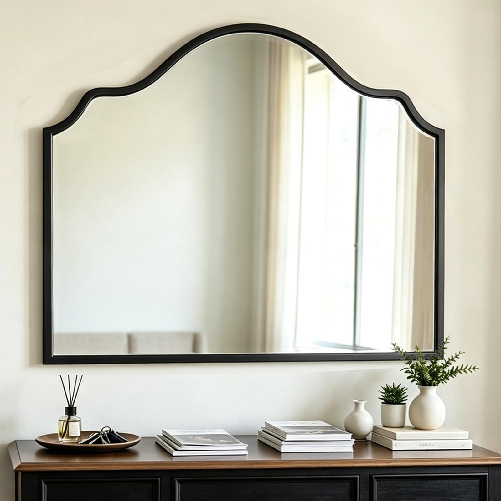 View 1 of ***MINOR DAMAGE***Chende Arched Wall Mirror, 40'' x 28'' Black Wooden Frame