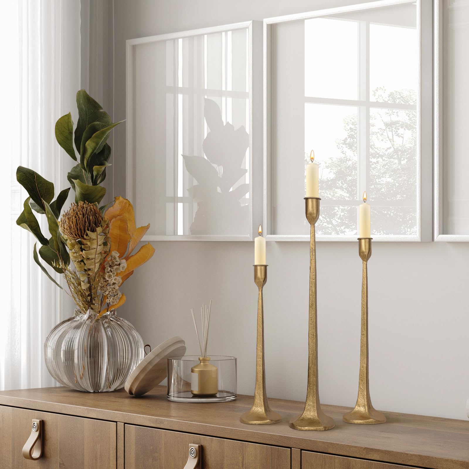 Set di 3 portacandele in ferro, alti e decorativi, per matrimoni, tavolo da pranzo, decorazioni per feste (ottone anticato)