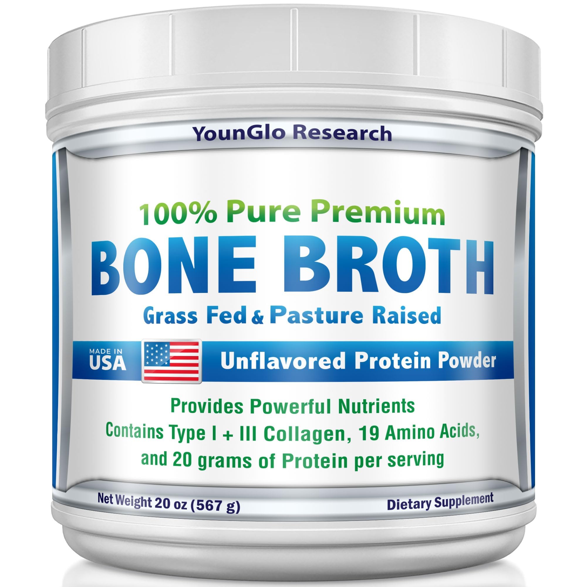 Bone Broth Beef Protein Powder - 1.25 lb / 20 oz, Unflavored - Made in USA - High Collagen & Gelatin from Grass Fed Bovine - Nutritious Marrow Benefits - Soups, Paleo & Keto Diets