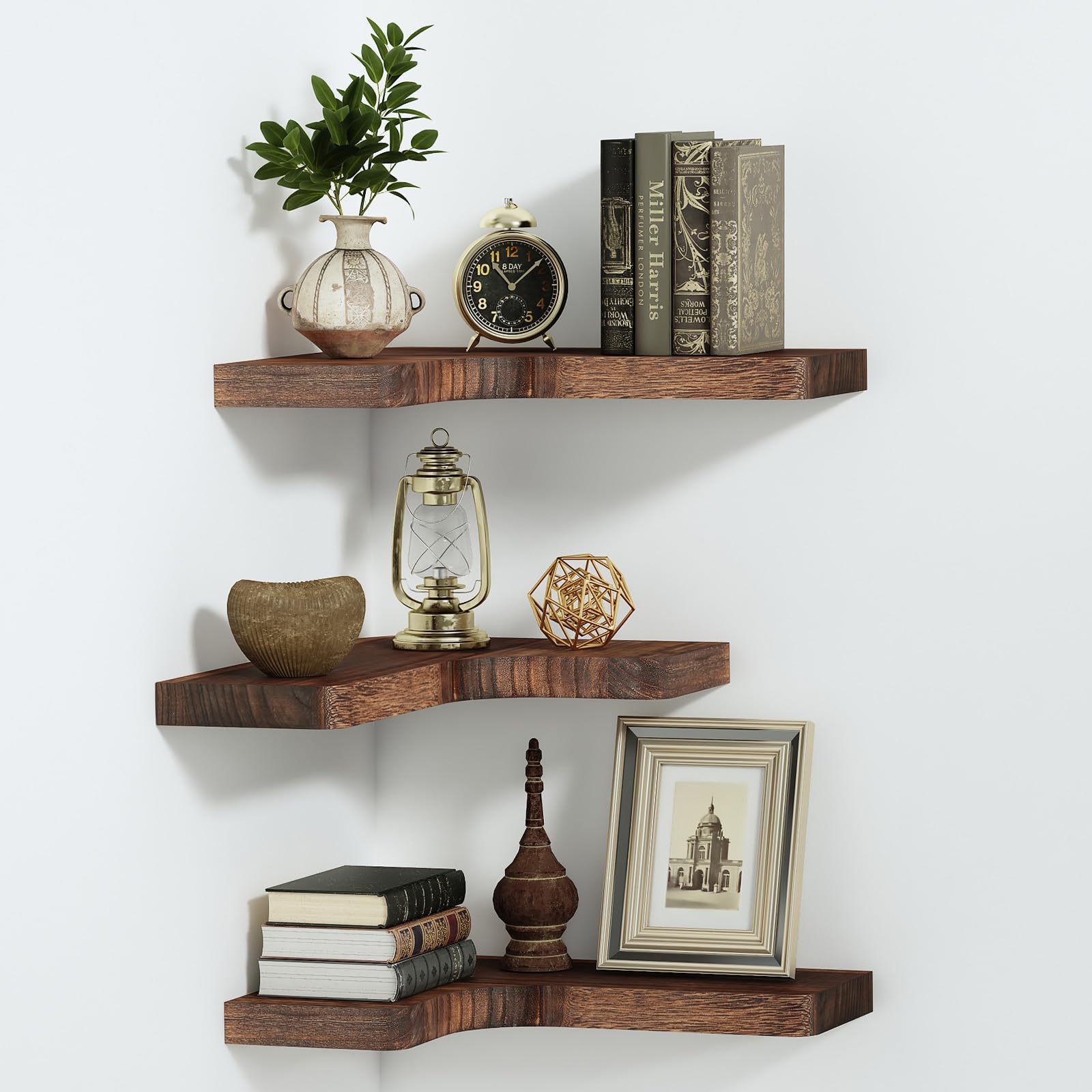 SAUMONIERES Estantes flotantes de esquina para montaje en pared, madera maciza para dormitorio, baño, cocina, almacenamiento, juego de 3, marrón rústico, soportes invisibles