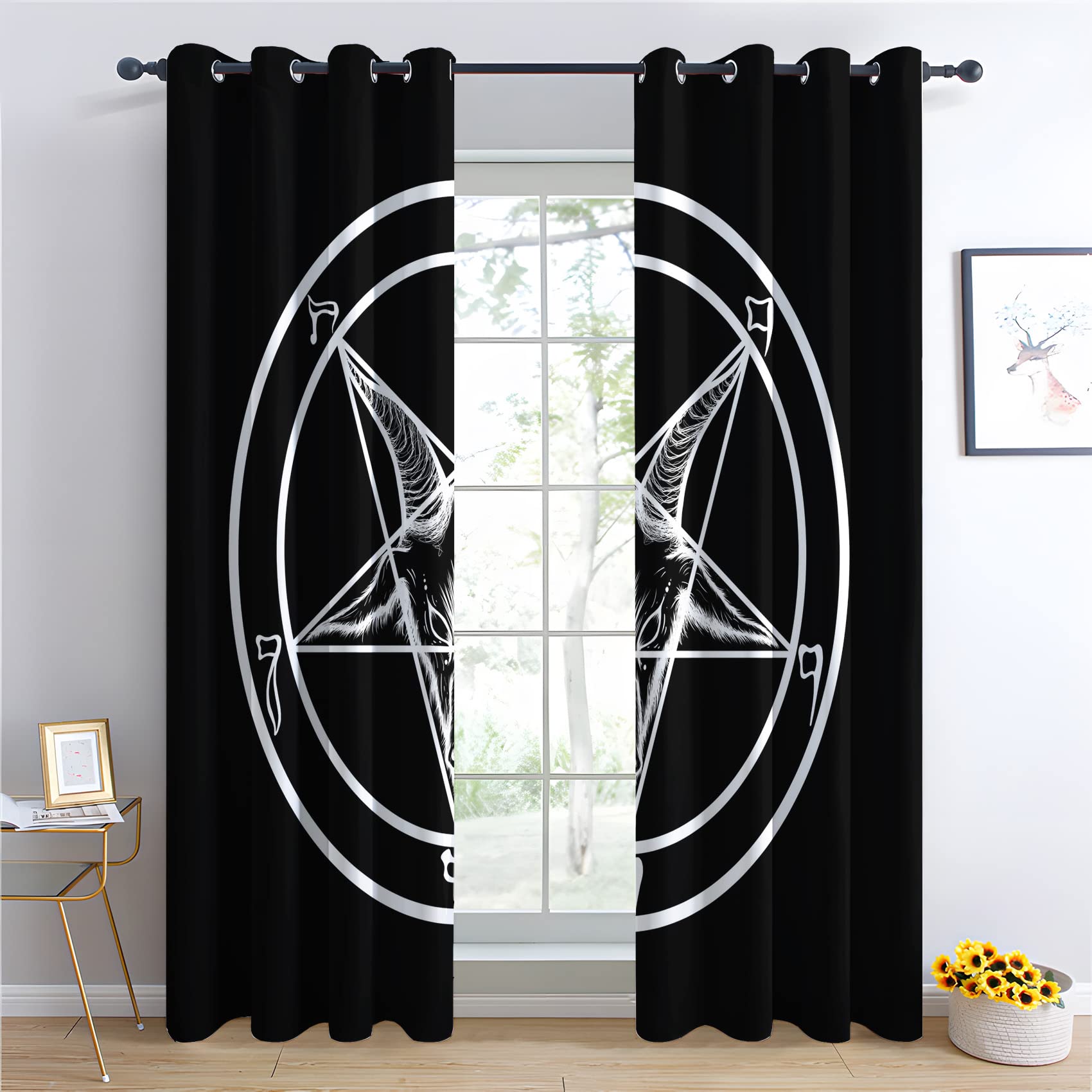 BUKITA Pentagram Curtains, Goat Blackout Curtains 66x90 InchEyelet Curtains for Living Room Bedroom and Kitchen, Thermal Grommet Drapes, Door Curtain, 2 Panels Set