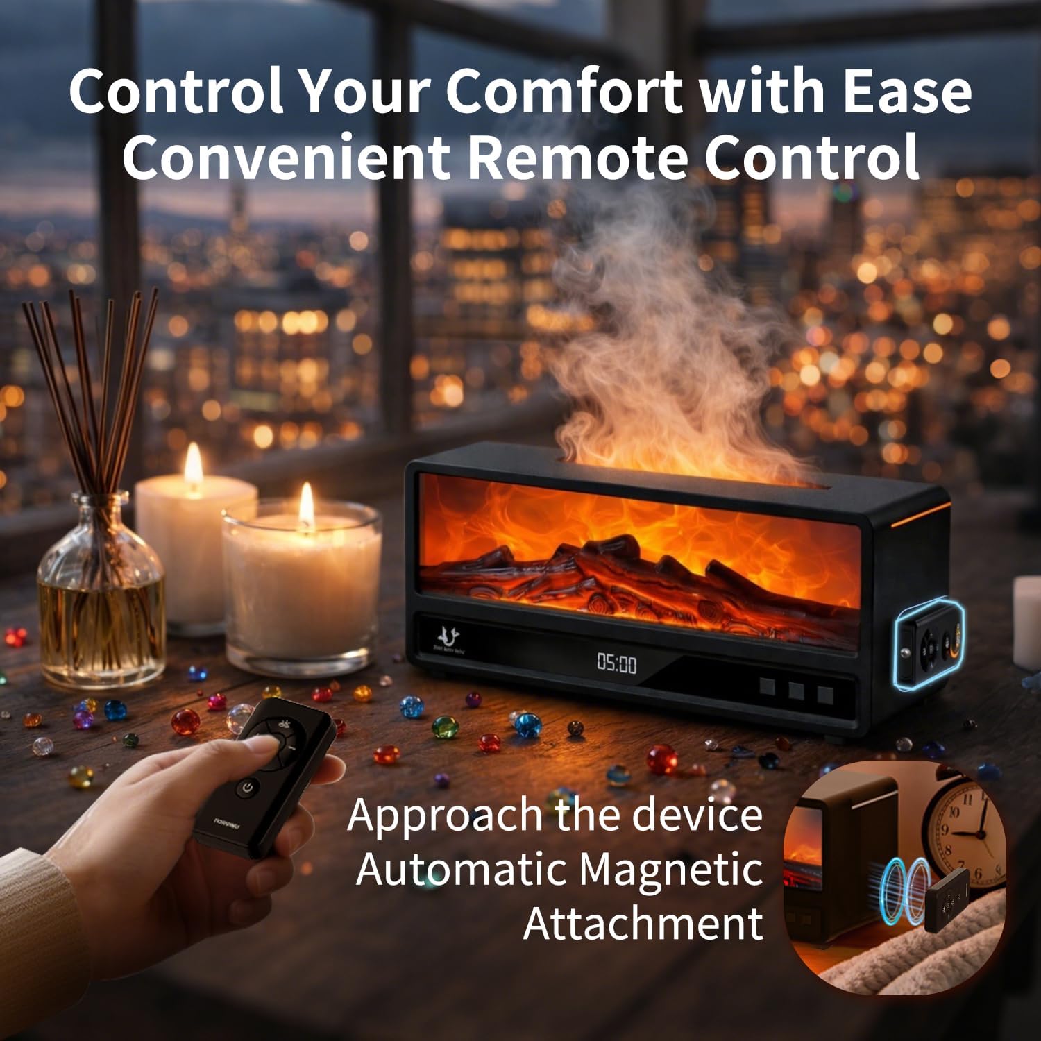 Fireplace Flame Humidifier, 250ml Cool Mist Diffuser with Remote Control, 7-Color LED Night Light, Quiet Aromatherapy Humidifier for Bedroom, Office & Gift (Black)