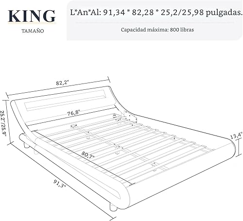 Miniatura 2 de Allewie Base de cama con plataforma LED tamaño King con cabecera ajustable no necesita somier fácil montaje piel sintética en color negro