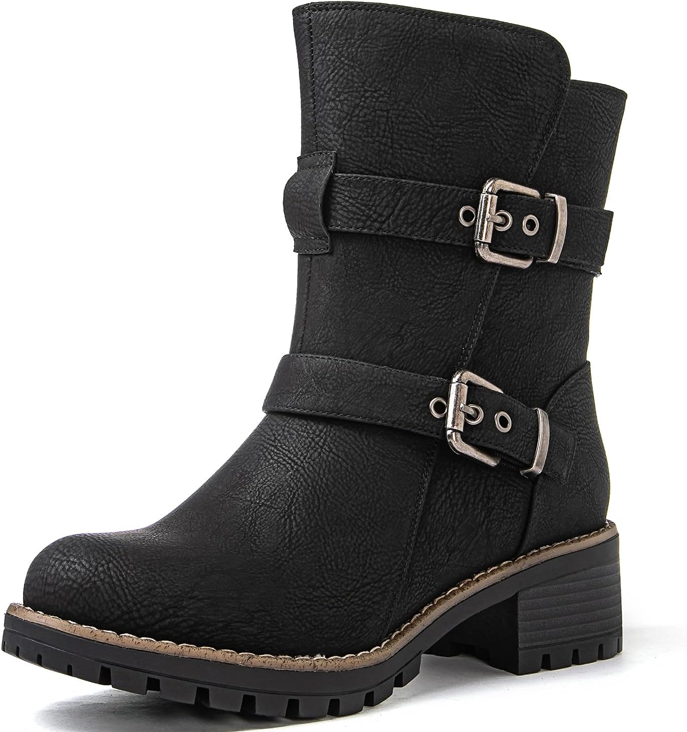 GLOBALWIN Women's Ankle Boots For Women Faux Fur Lined Winter Moto Boots Ankle Booties With Adjustable Double Buckles
