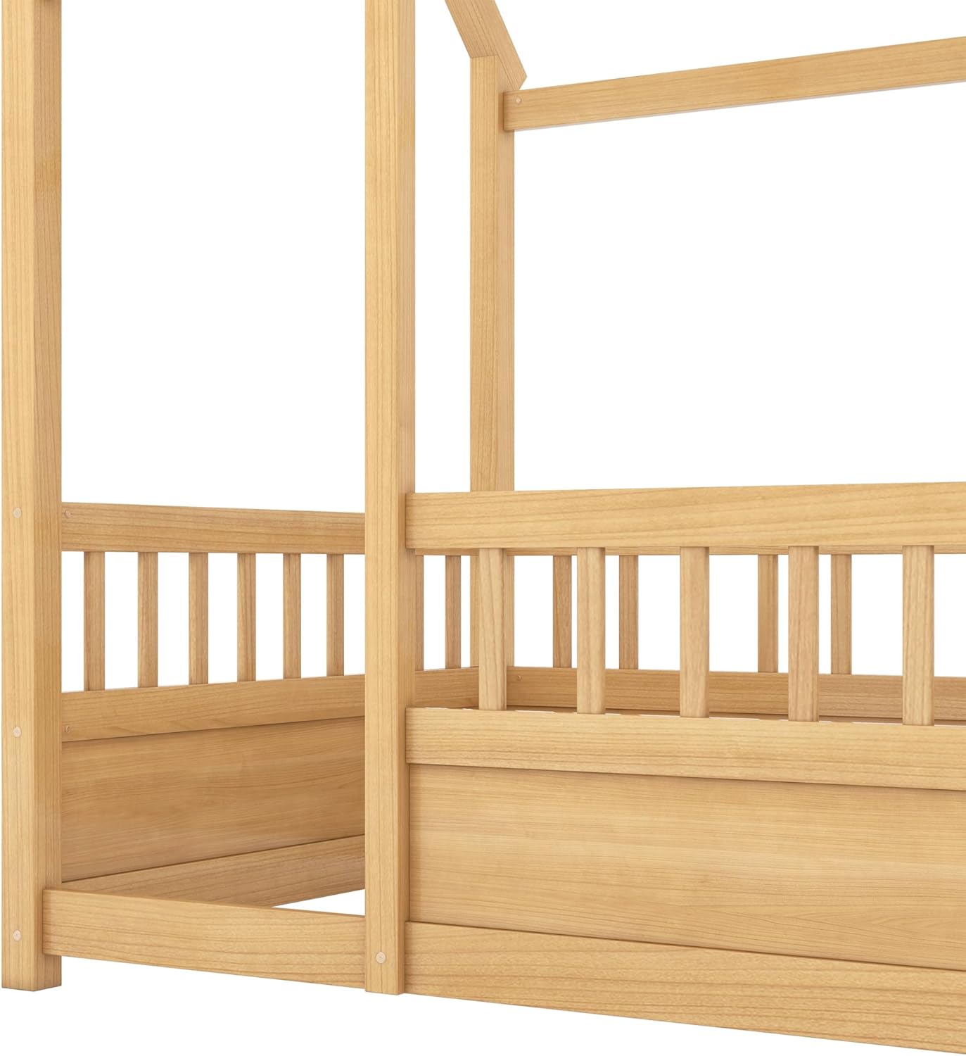 Twin Size House Bed with High Fence for Kids,Twin Floor Bed Frame, Kids Montessori Bed Twin Size,Solid Wood House Bed Frame for Boys,Girls,Natural
