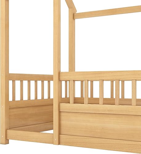 Miniatura 116 de Bellemave Cama Montessori de madera con valla y techo para niños, marco de cama individual para niños, niñas (individual, blanco)