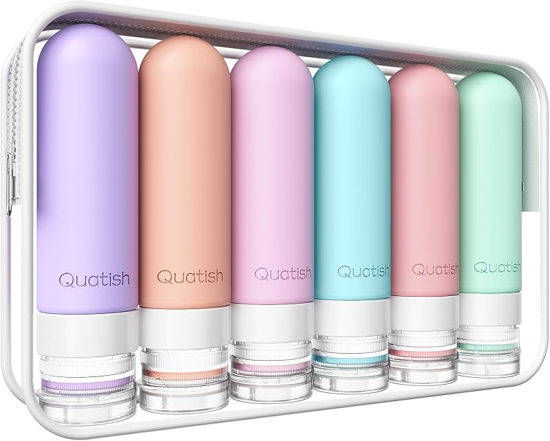 Frascos de viagem Quatish de silicone para produtos de higiene, 6 unidades, 90 mL, Periwinkle, com bolsa