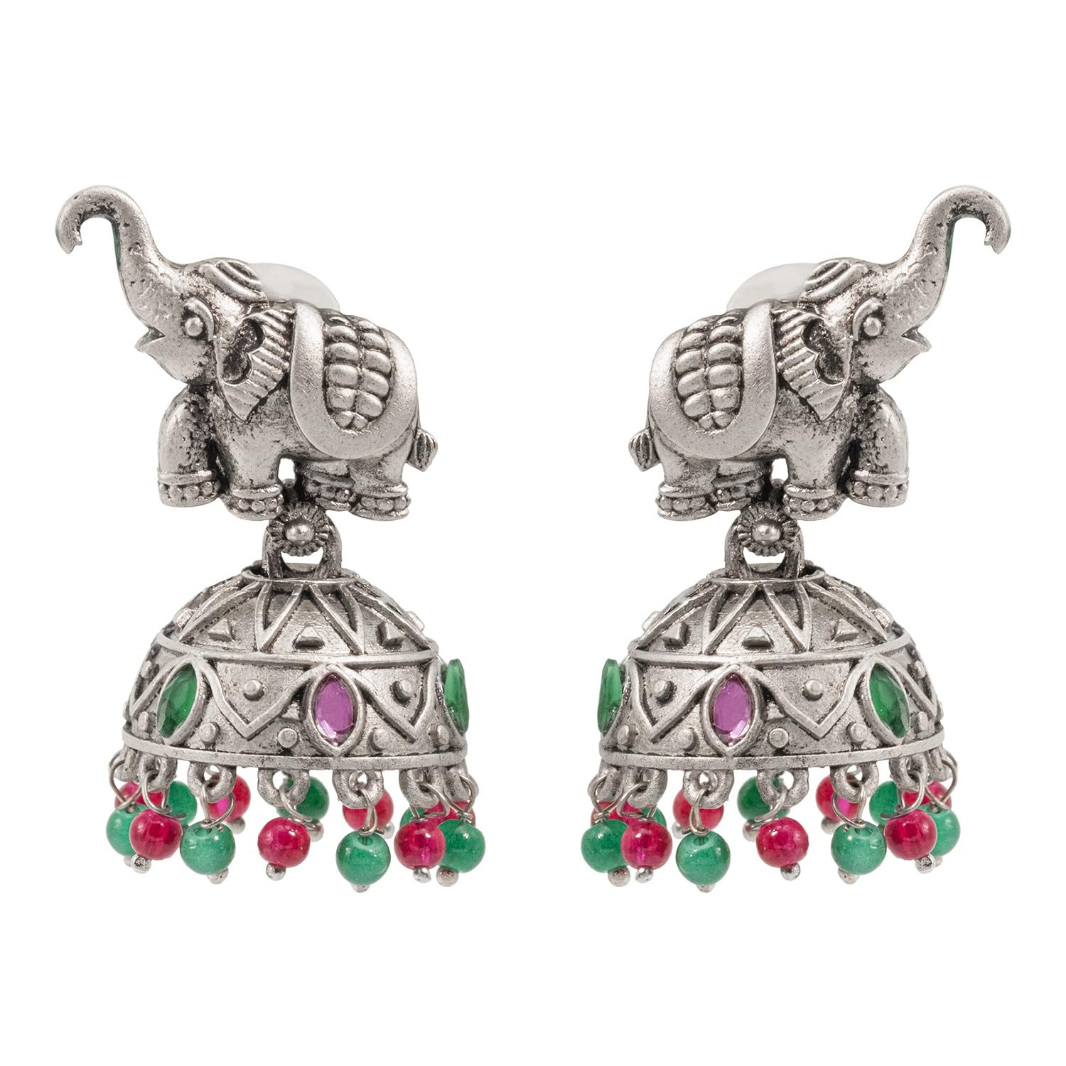 Shining Jewel Traditional Indian Matte Silver Oxidised CZ, Crystal Studded Elephant Jhumka Earring For Women - Silver, Ruby, Green (SJE_110_S_R_G) (B0CYGPB9Q7) Amazon Price History, Amazon Price Tracker