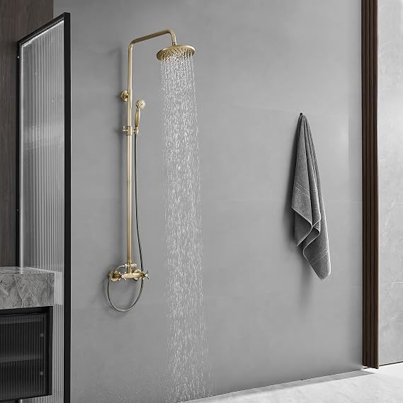 Antique Brass Outdoor Shower Kit Two Handles Wall Mount | Rain Shower Head Wide Coverage, High Pressure, Anti-deformation & Leakproof, Flexible Twist-resistant, Save Space