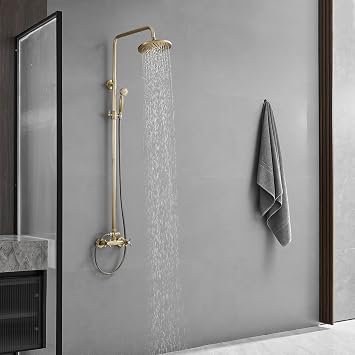 Antique Brass Outdoor Shower Kit Two Handles Wall Mount | Rain Shower Head Wide Coverage, High Pressure, Anti-deformation & Leakproof, Flexible Twist-resistant, Save Space