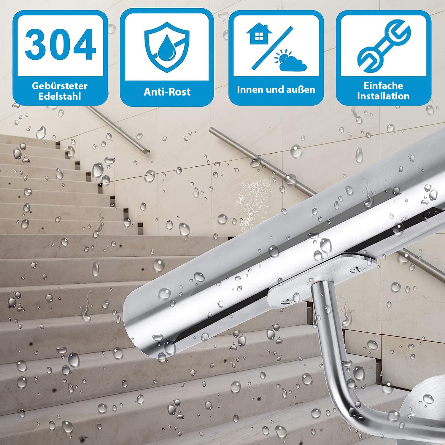 Corrimano in acciaio inox, ringhiera per scale, corrimano da parete, scale con supporto da parete e tappi terminali, ringhiera per scale interne ed esterne per scale, parapetti, balcone, lunghezza