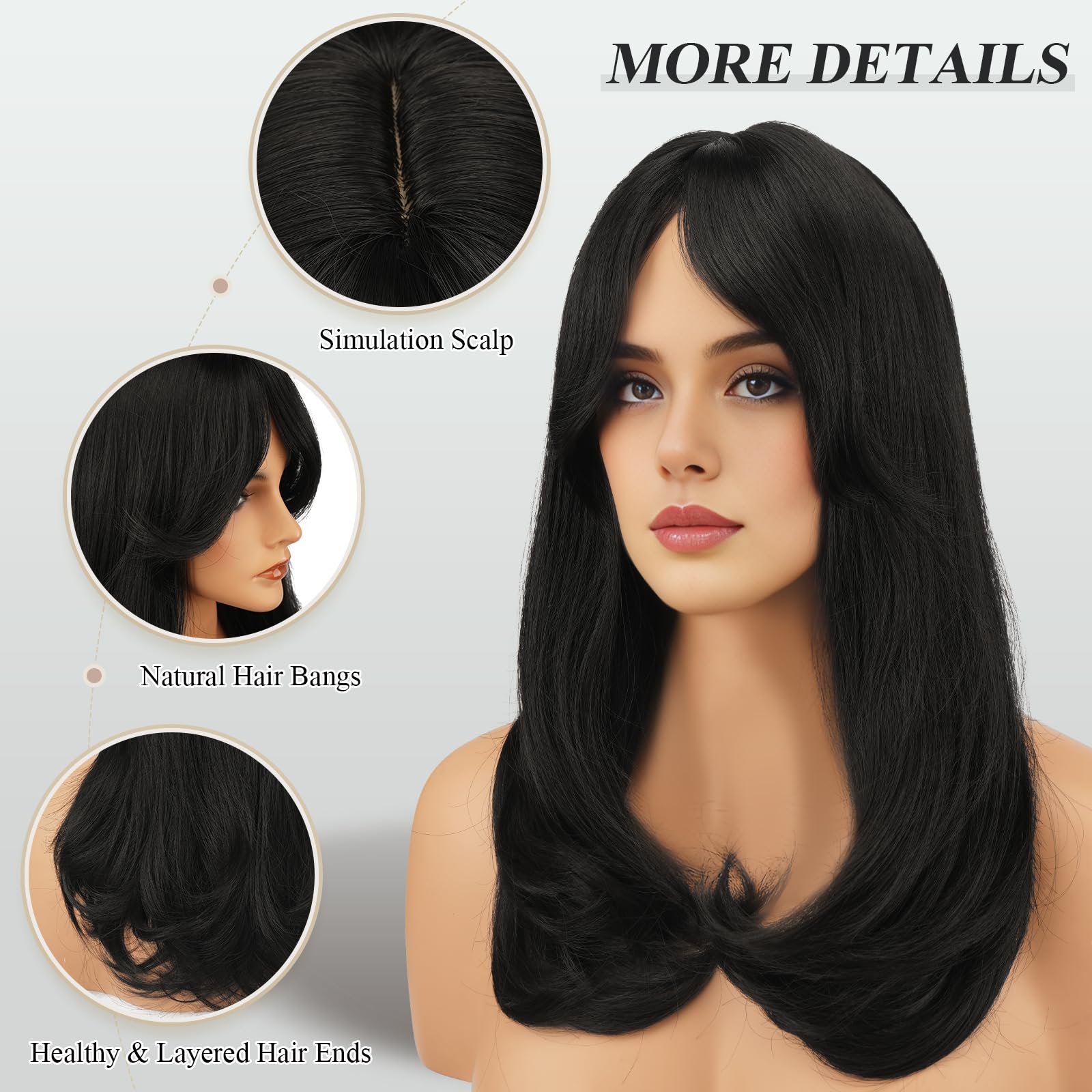 FESHFEN Larga Pelucas con Flequillo, Sintética de Cabello Natural Peluca de Pelo para Mujeres, 45 cm Negro