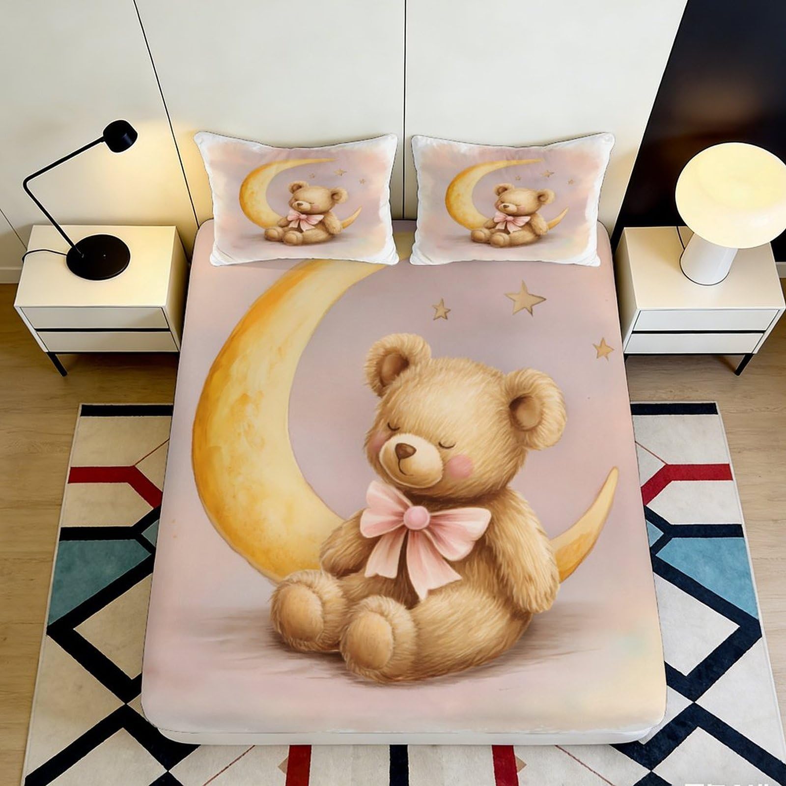 3D Printed Cute Teddy Bear Fitted Sheet Microfiber Soft Pink Moon Bed Cover for Bedroom Guest Room Decor 90x200x25cm