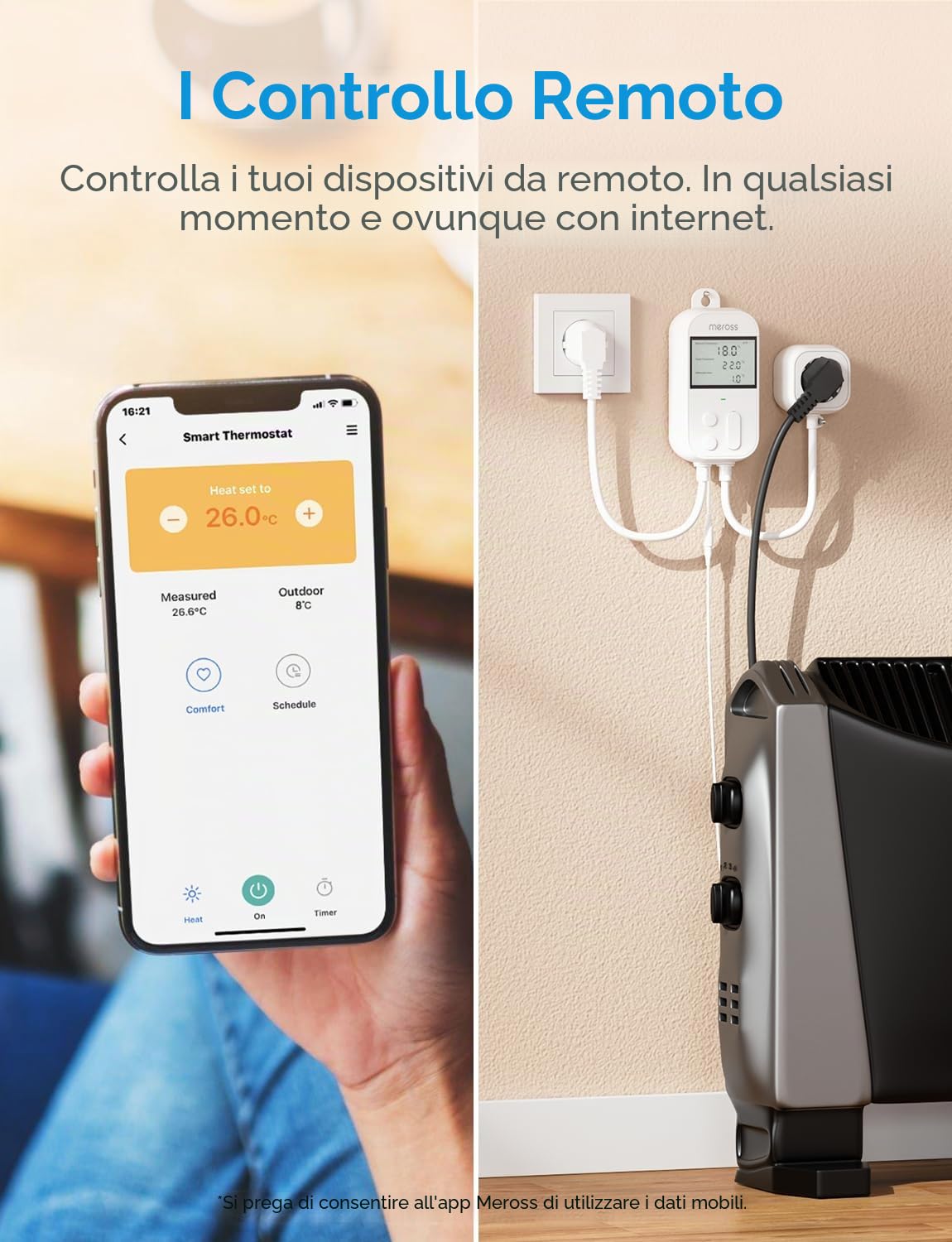 Meross Regolatore di temperatura Smart Termostato Presa per HomeKit Digitale WiFi Termostato Riscaldamento Presa con Sonda per Riscaldamento e Raffreddamento 16 A, 2,4 GHz