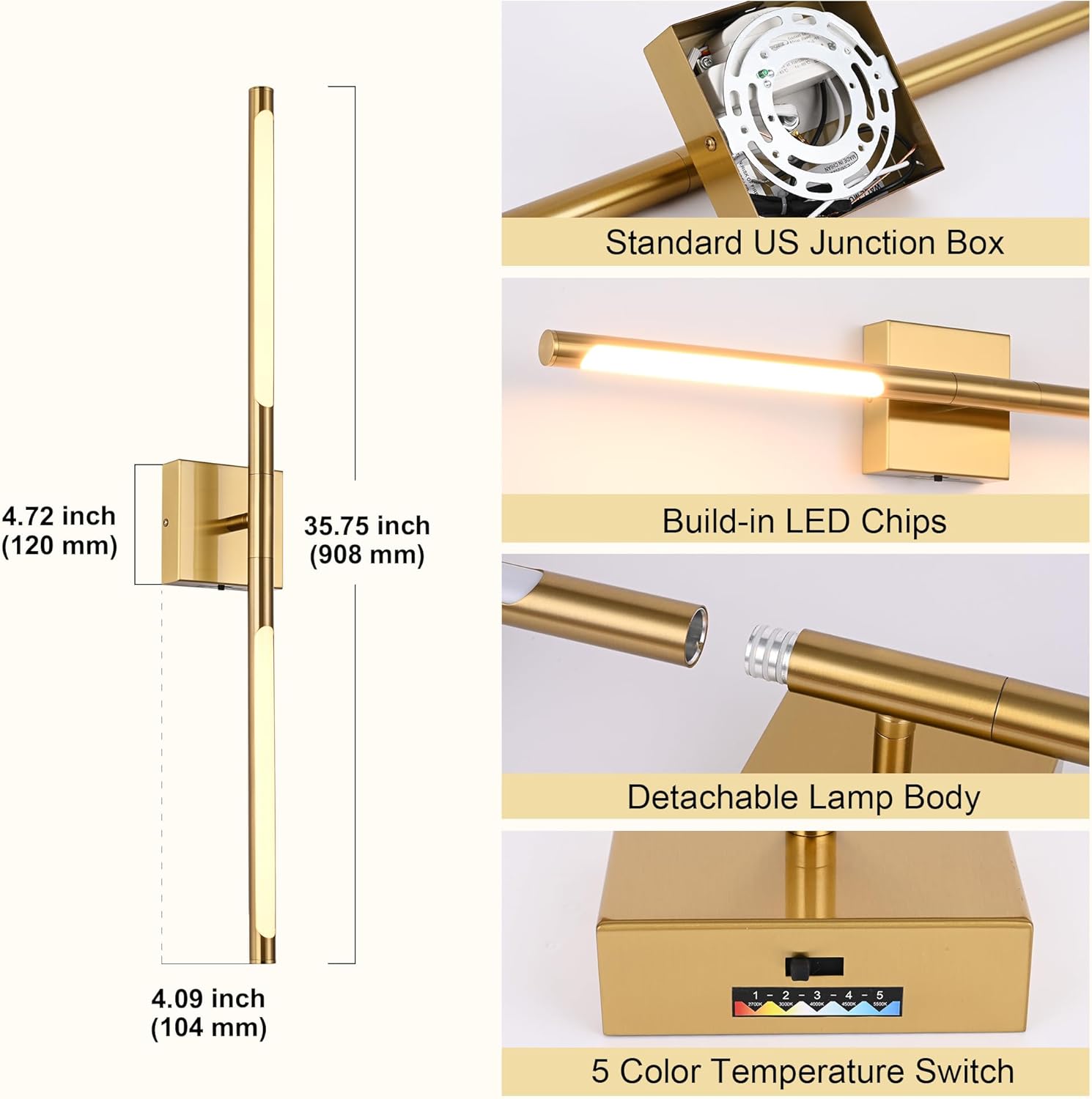36-Inch 5CCT 20W LED Bathroom Vanity Light Fixture, Brushed Brass 2700K-5500K Wall Sconce Lighting with Rotatable Lamp Tube