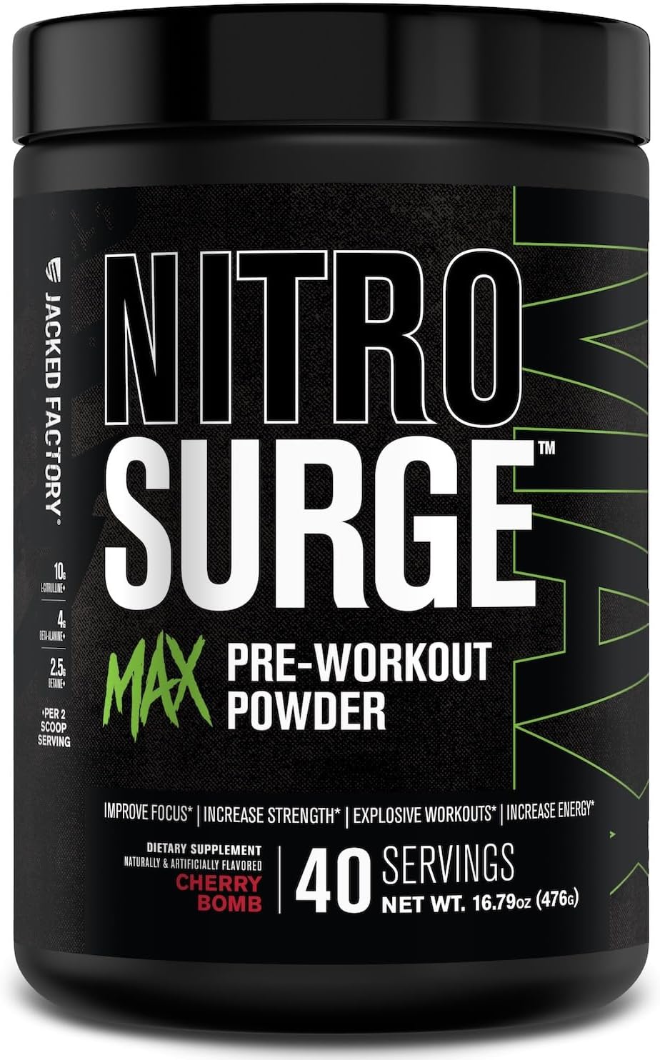 Jacked Factory Nitrosurge Max High Performance Pre Workout Powder - Pre Workout w/Nootropic Ingredients for Intense Focus, Pumps, Smooth Energy, Endurance - 40 Servings, Cherry Bomb