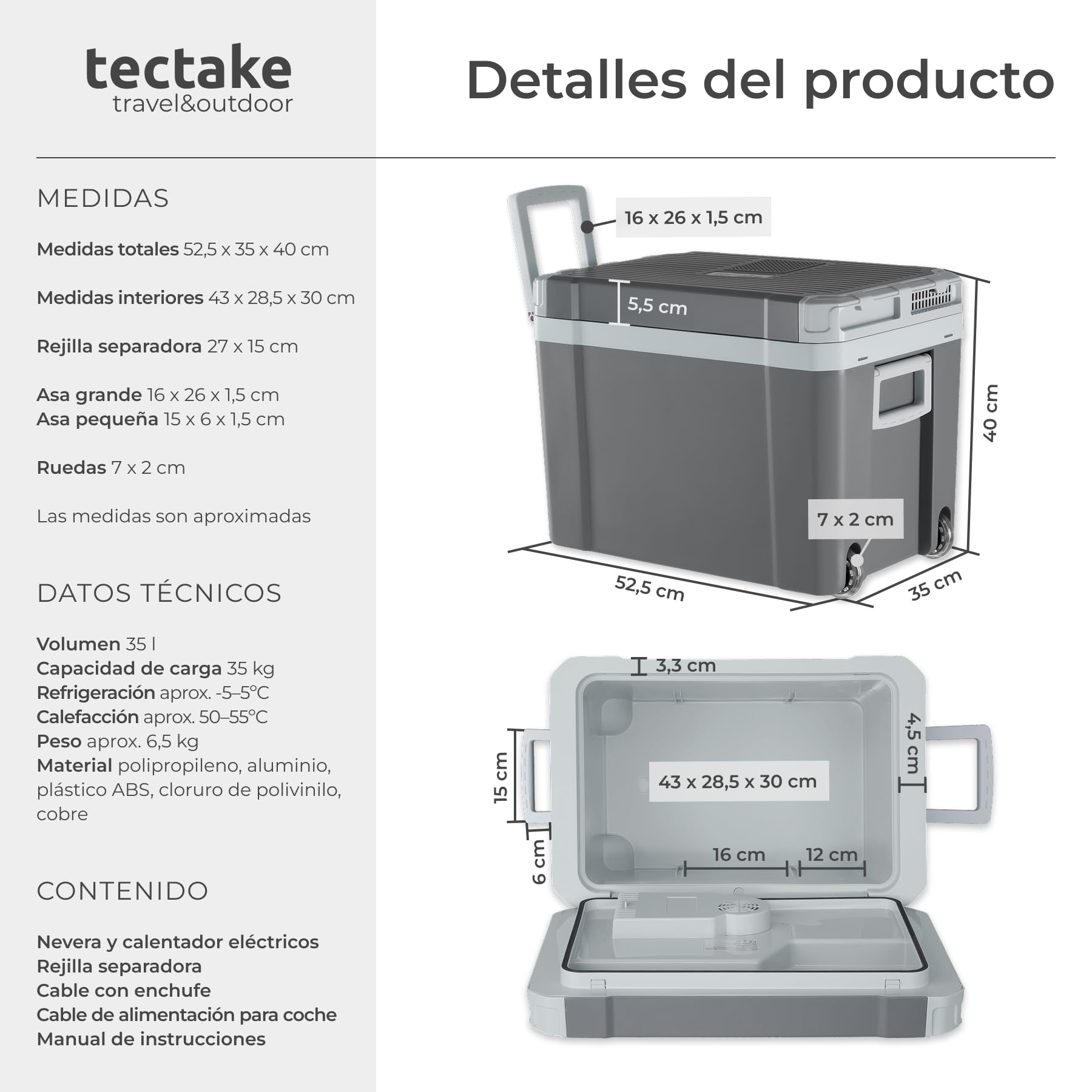 tectake® Nevera Portatil Electrica de 35L con Función de Calentamiento y Refrigeración, Modo ECO, Nevera Pequeña, 230 V y 12 V para Accesorios Coche, Camping, Accesorios Camper - 35 x 52,5 x 40 cm