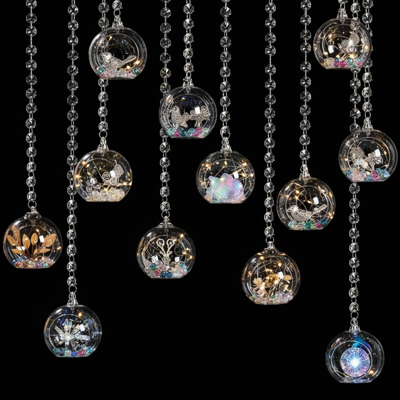Photo 1 of GlikCeil 3.15'' Hanging Glass Tea Light Candle Holder Globe and Clear K9 Crystal Garland Strands, Hanging Glass Terrarium Containers for Christmas Tree Wedding Party Tree Decoration